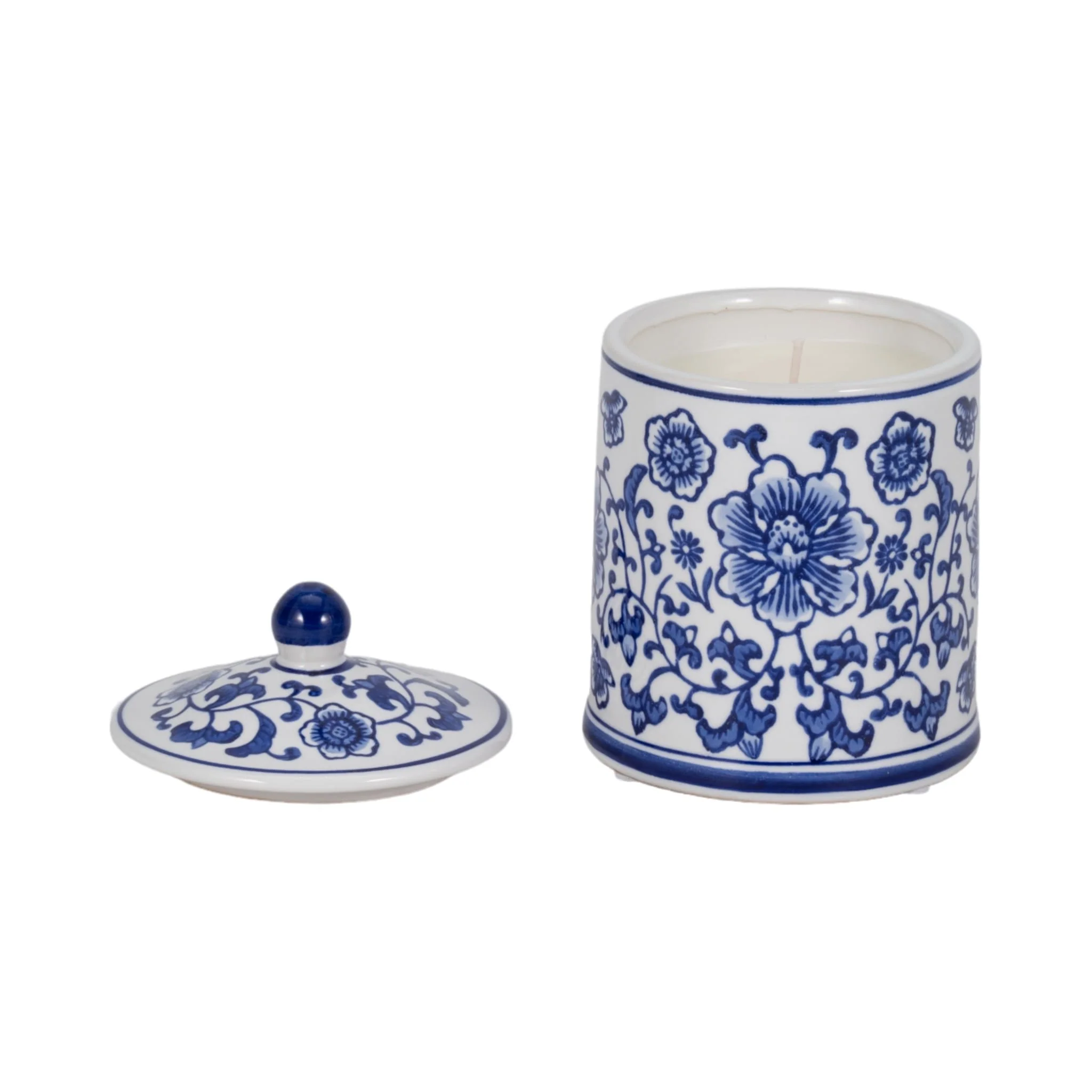 Cer, 6" 8oz Chinoiserie Scntd Candle W/lid,wht/blu - Image 2