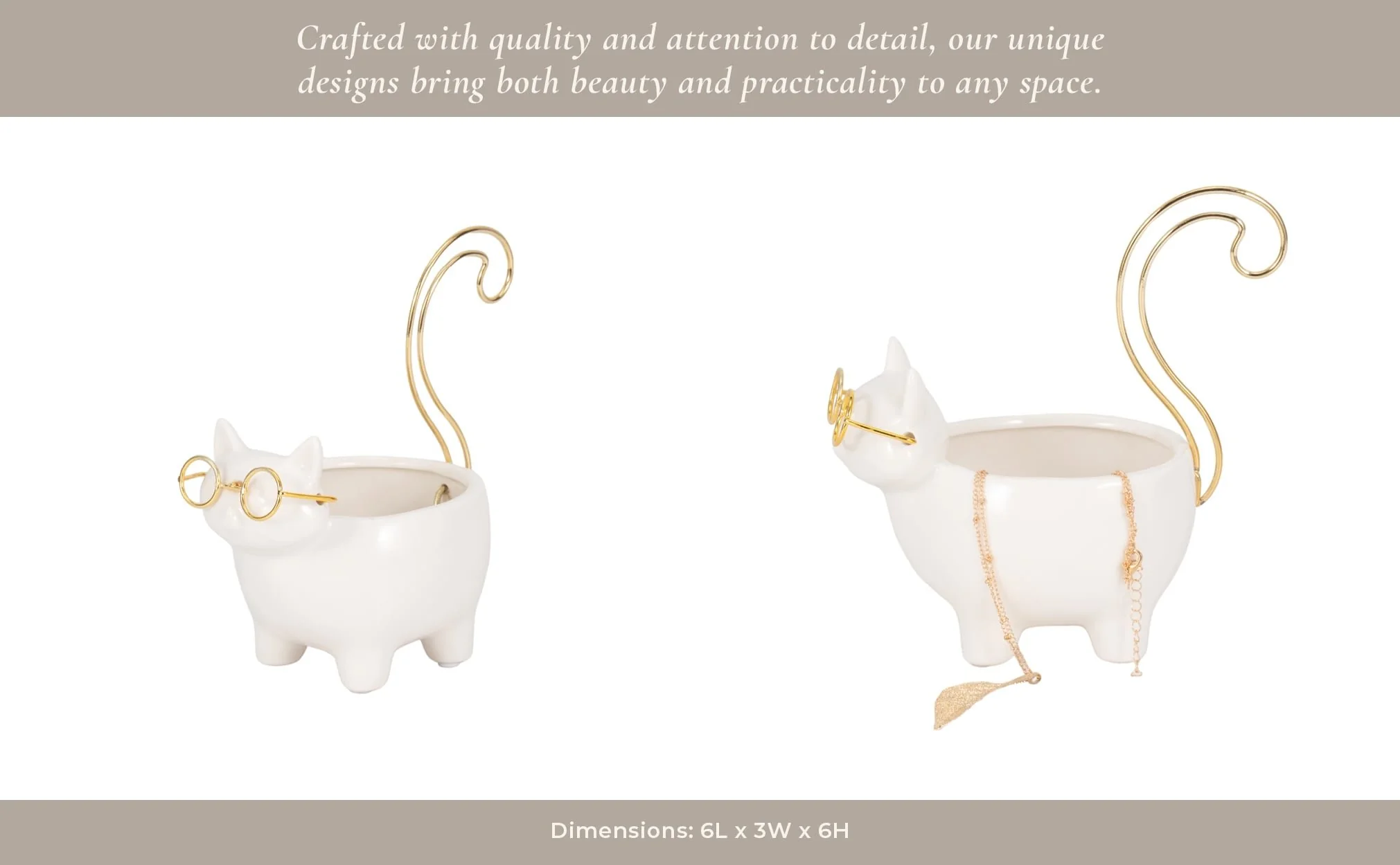 Cer, 6" Kitty Trinket Dish, White/gold - Image 15
