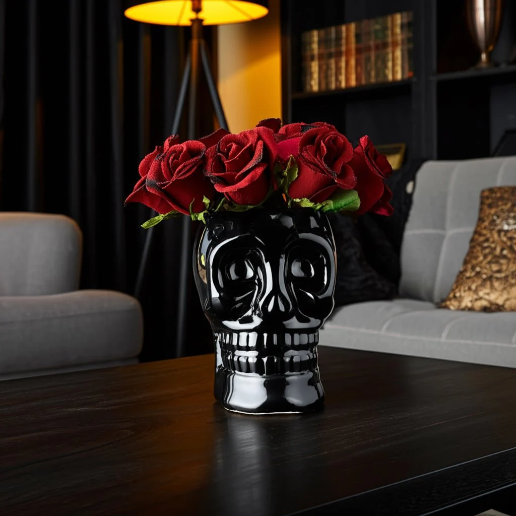 Cer, 6" Skull Vase, Black - Image 9