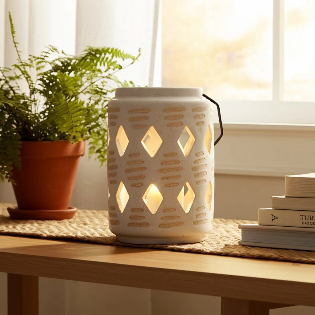Cer, 6"h Diamond Cut Out Lantern, Ivory - Image 10