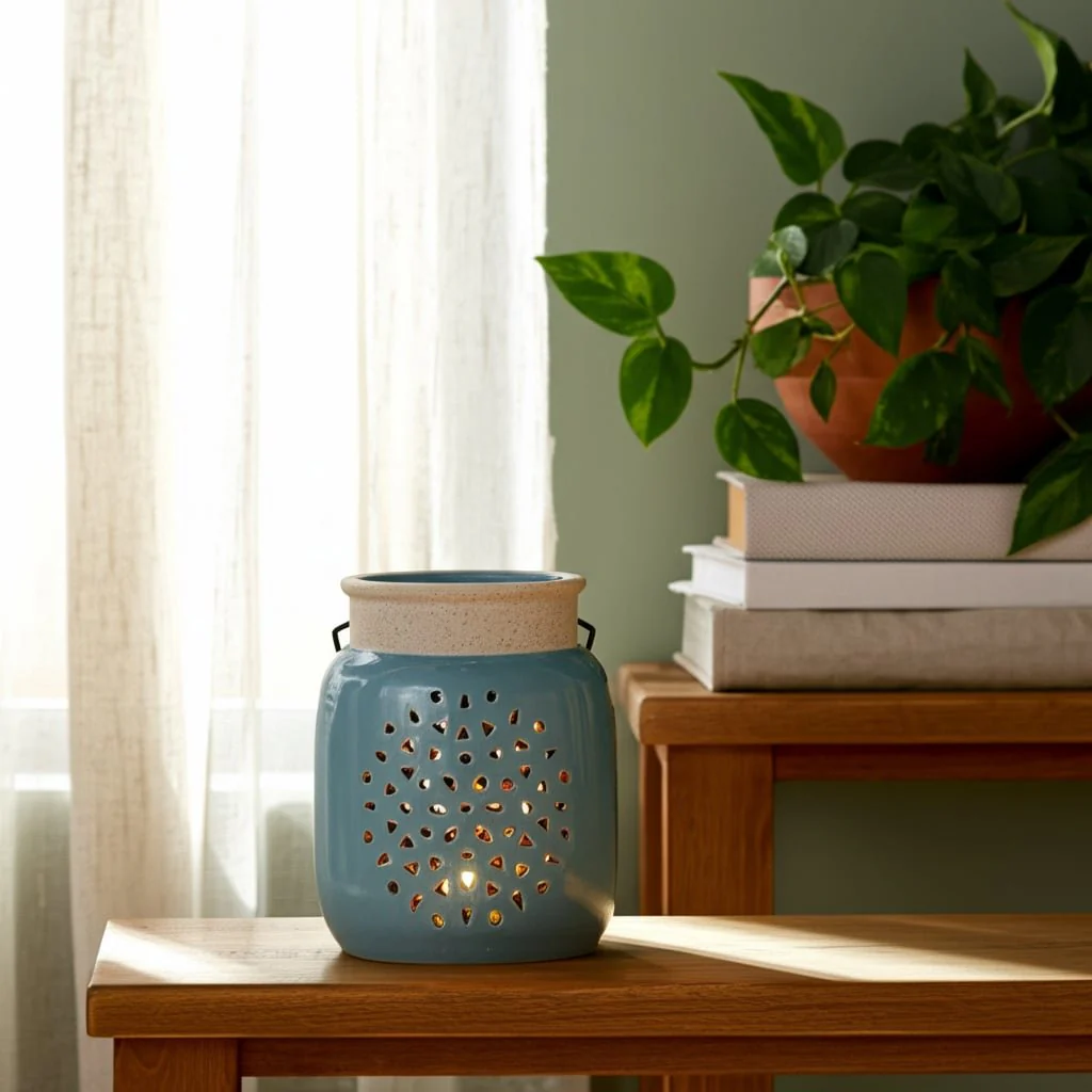 Cer, 6"h Flower Cut Out Lantern, Cameo Blue - Image 10
