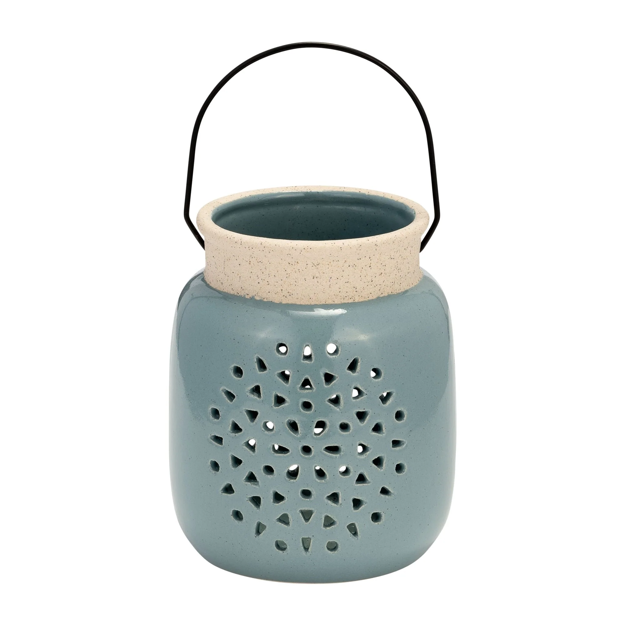 Cer, 6"h Flower Cut Out Lantern, Cameo Blue - Image 4