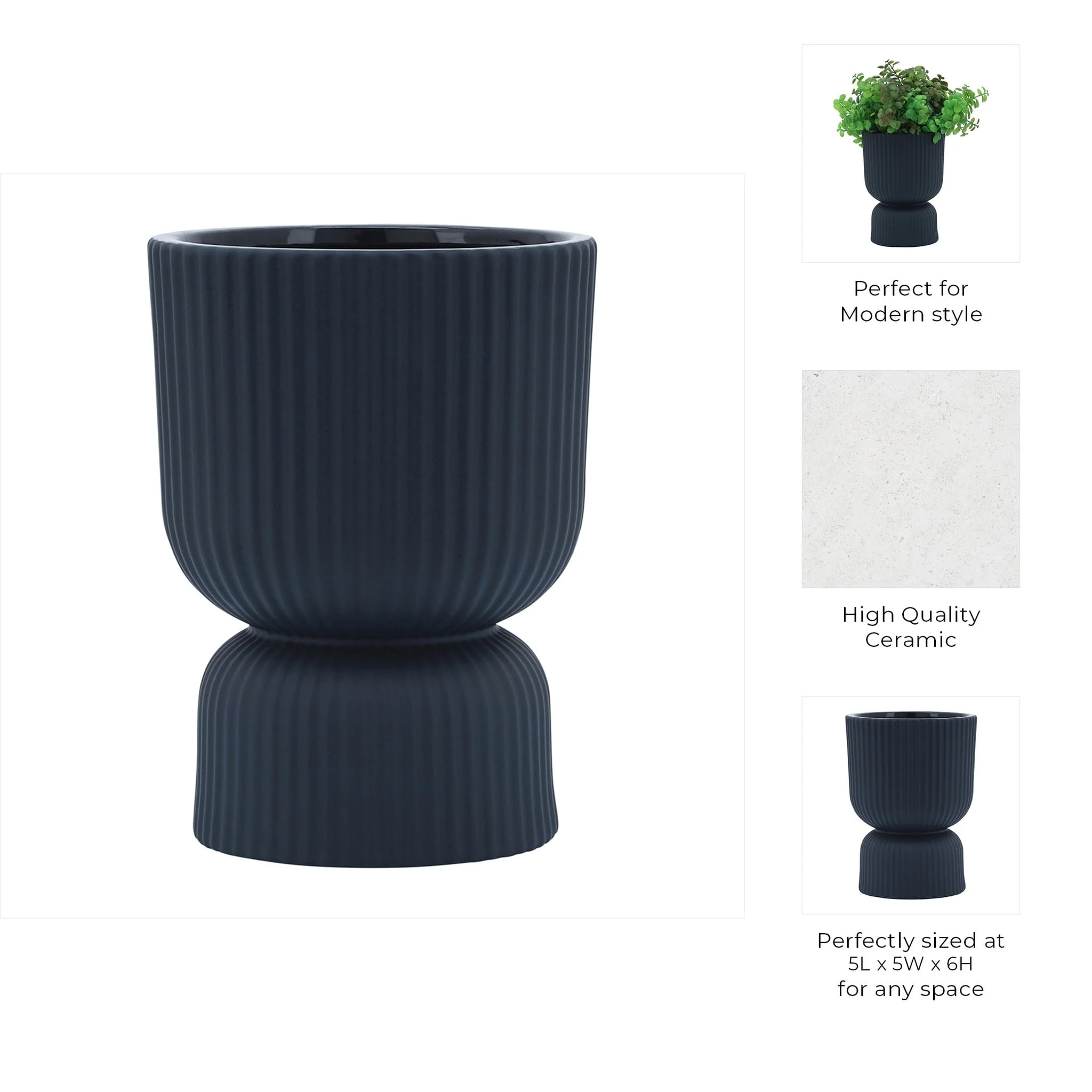 Cer, 6"h Ribbed Vase, Navy - Image 6