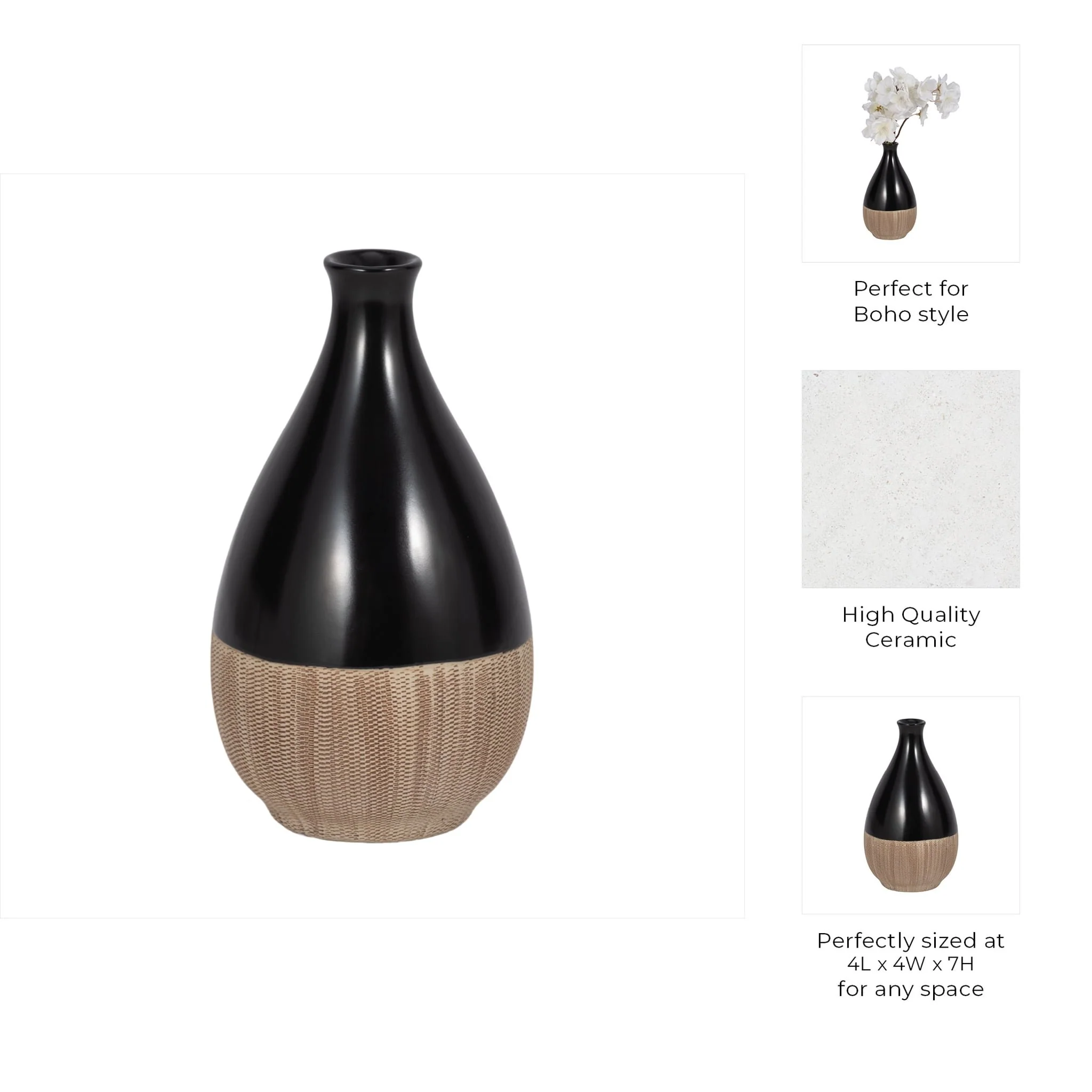 Cer, 7"h 2-tone Teardrop Vase, Creme/blk - Image 8
