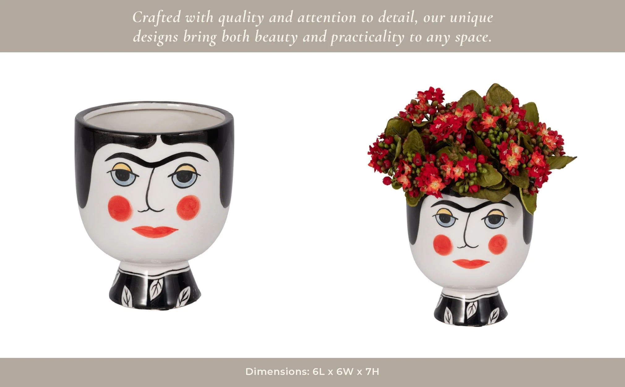 Cer, 7"h Frida Face Flower Vase, Blk/wht - Image 13