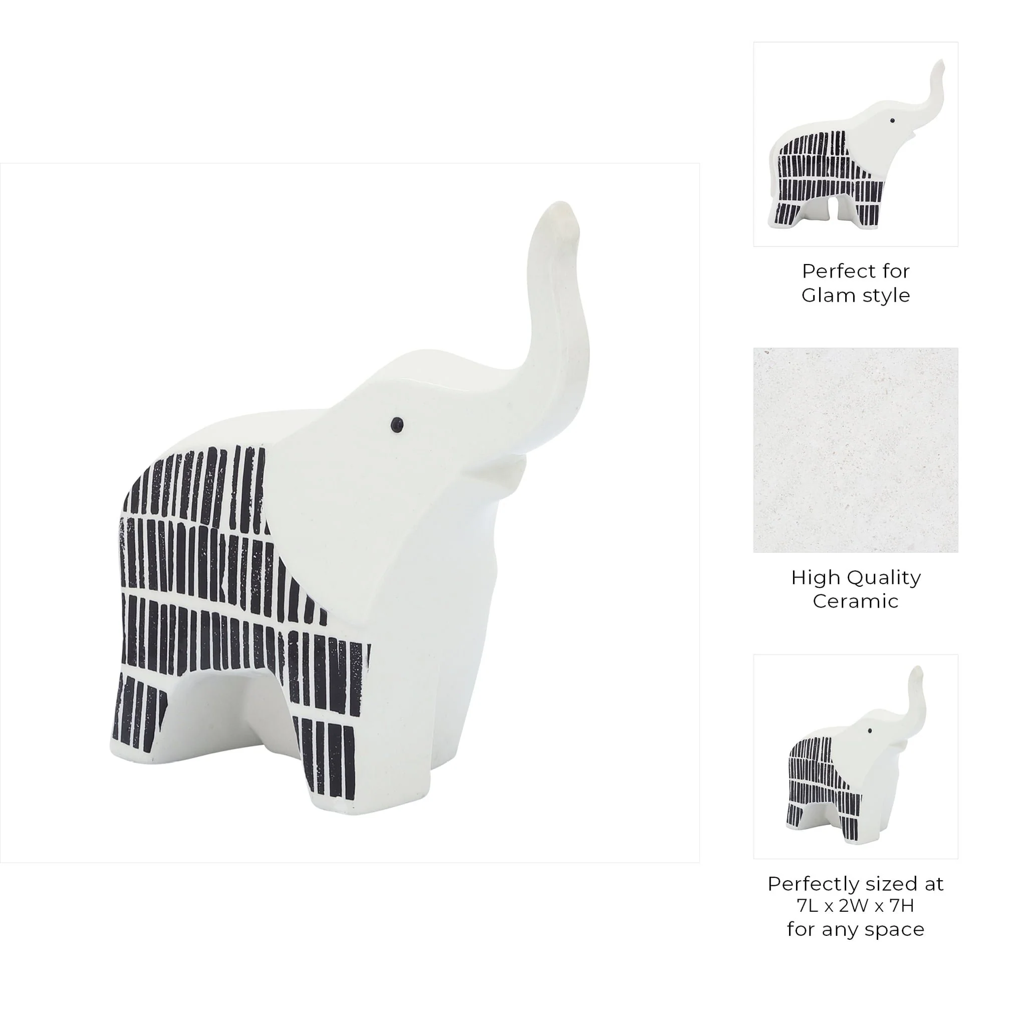 Cer, 7"l Elephant Trunk Up, Black/white - Image 7