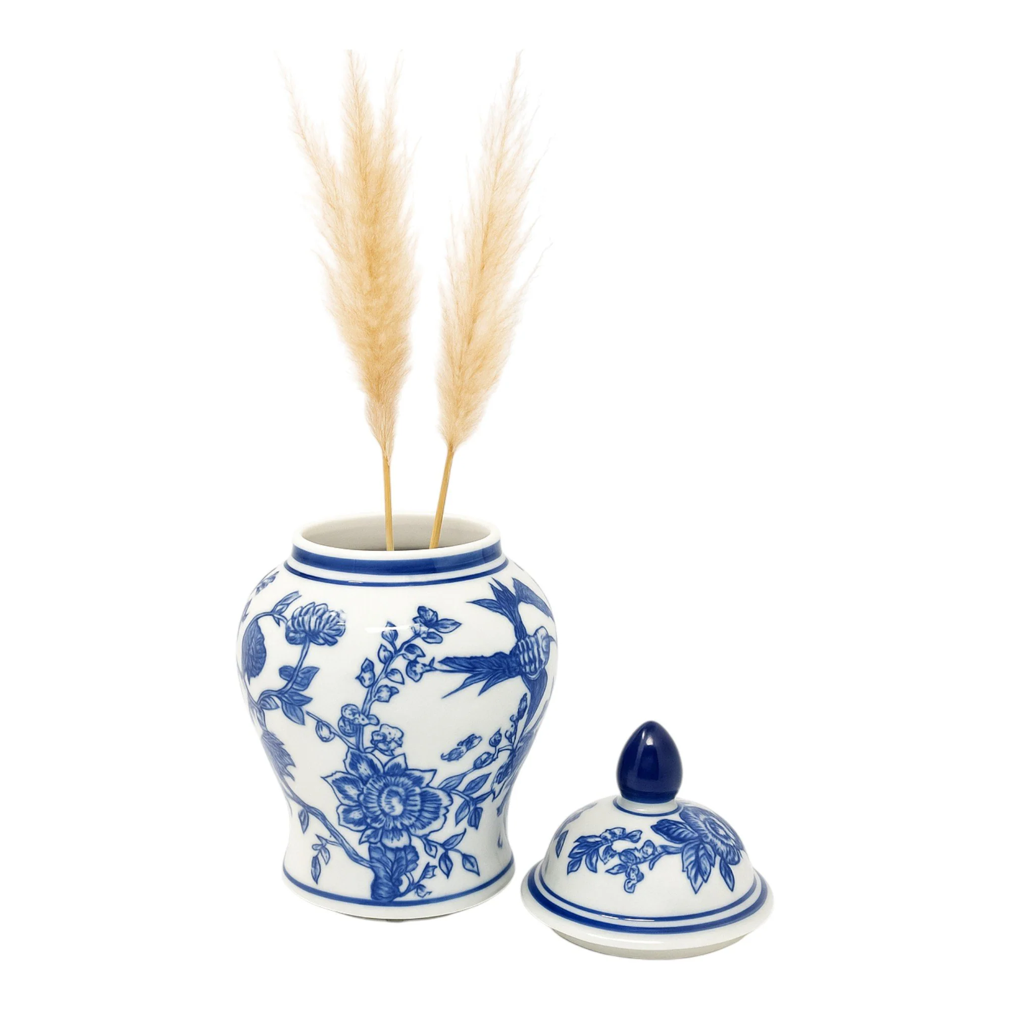 Cer, 8" Temple Jar Bird/flower, Blue - Image 2