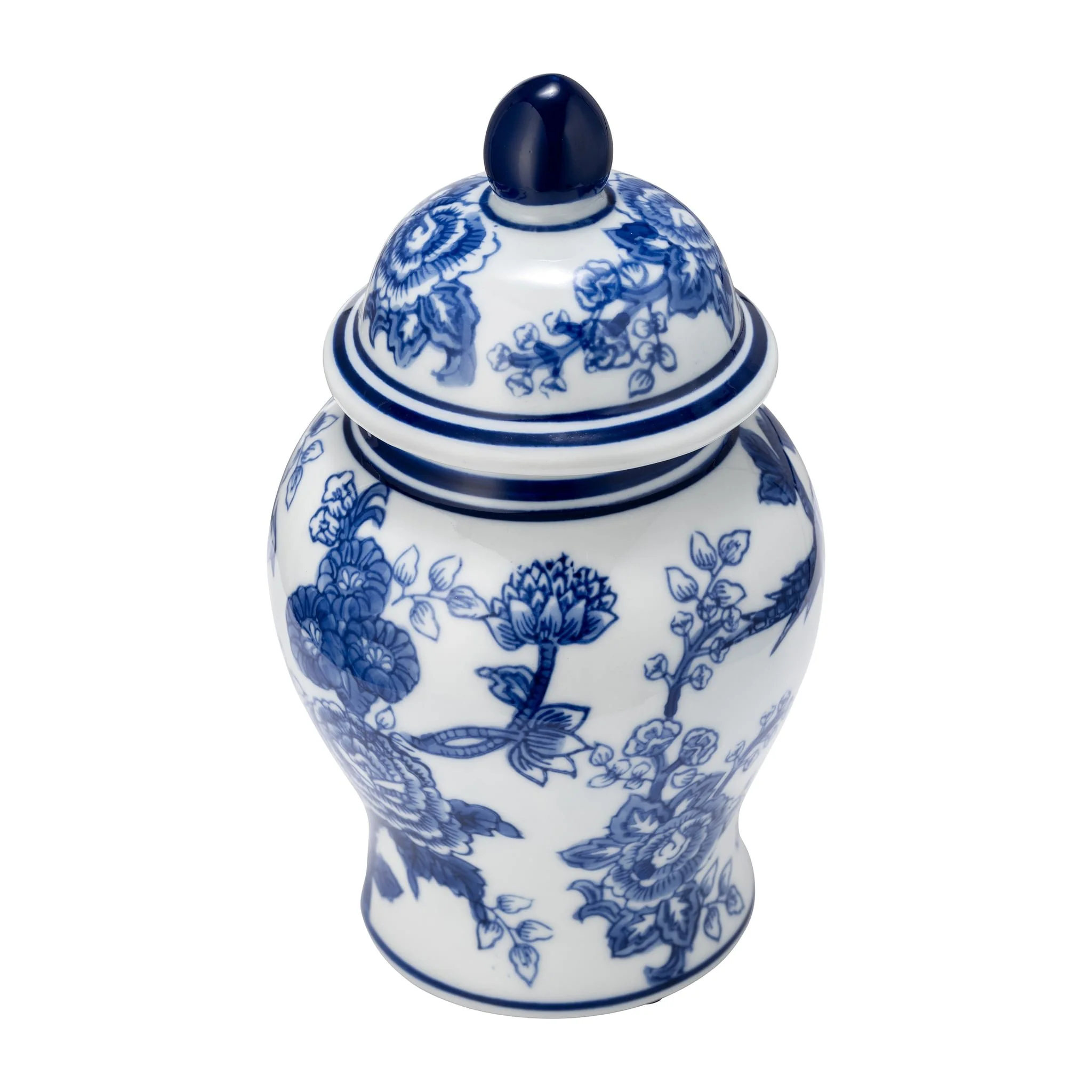 Cer, 8" Temple Jar Bird/flower, Blue - Image 3