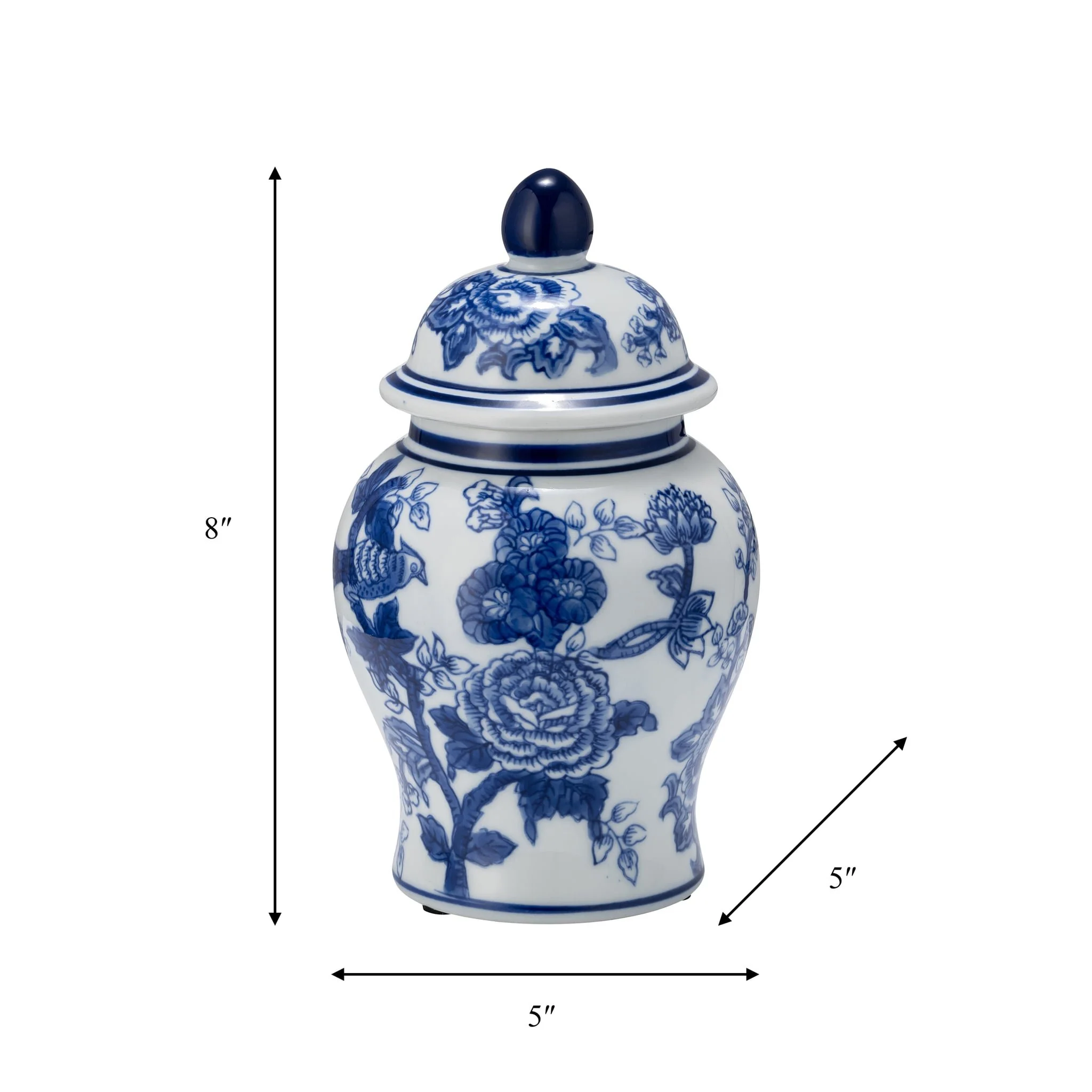 Cer, 8" Temple Jar Bird/flower, Blue - Image 8