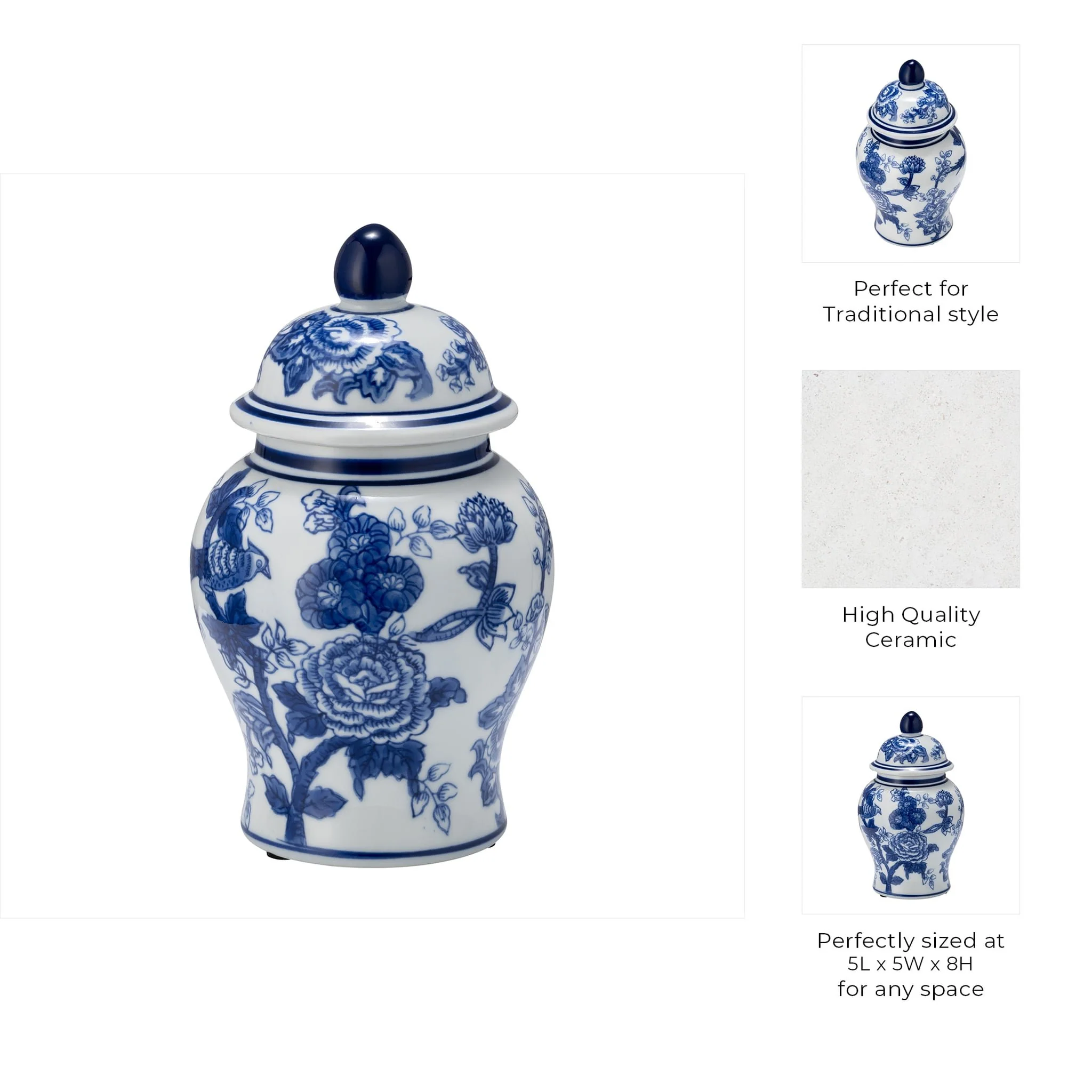 Cer, 8" Temple Jar Bird/flower, Blue - Image 9