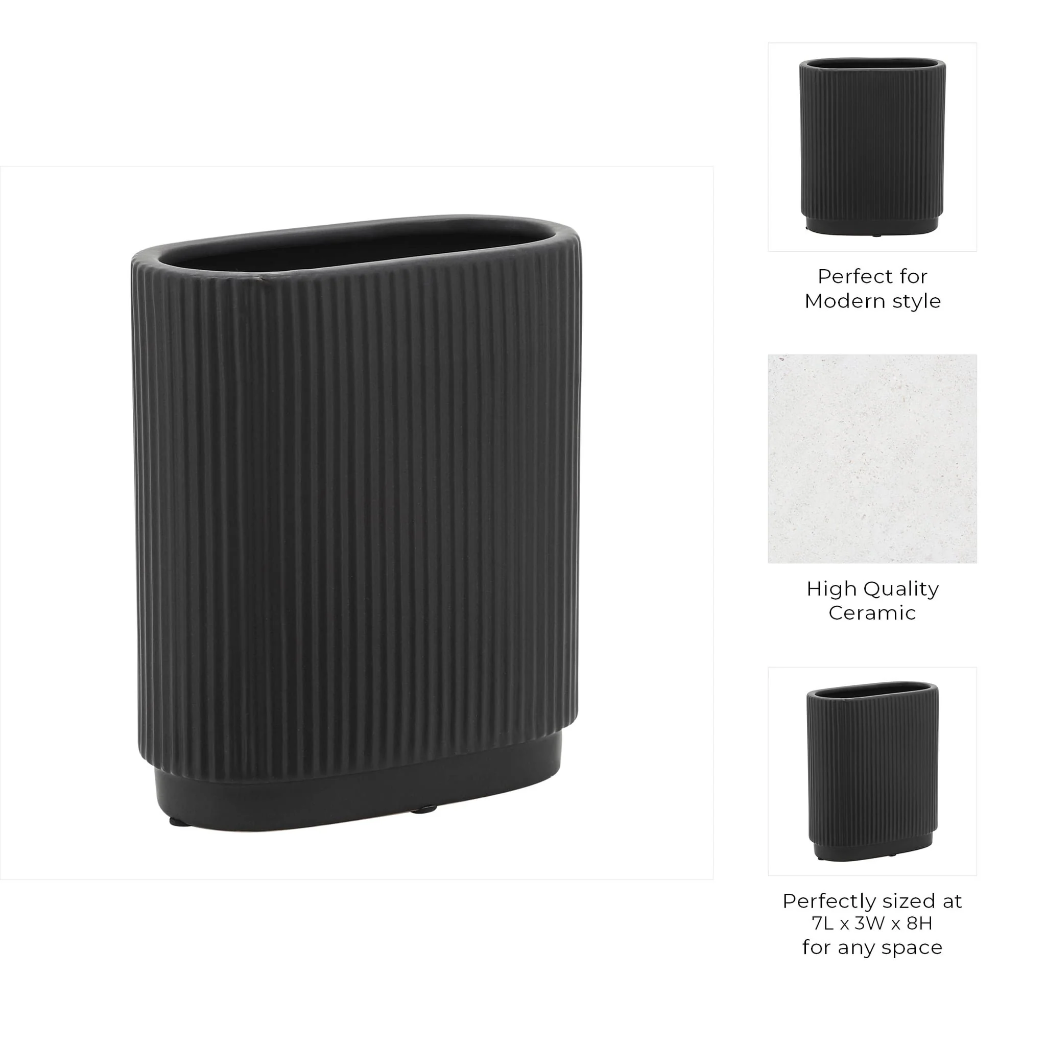 Cer, 8"h Ridged Vase, Black - Image 9