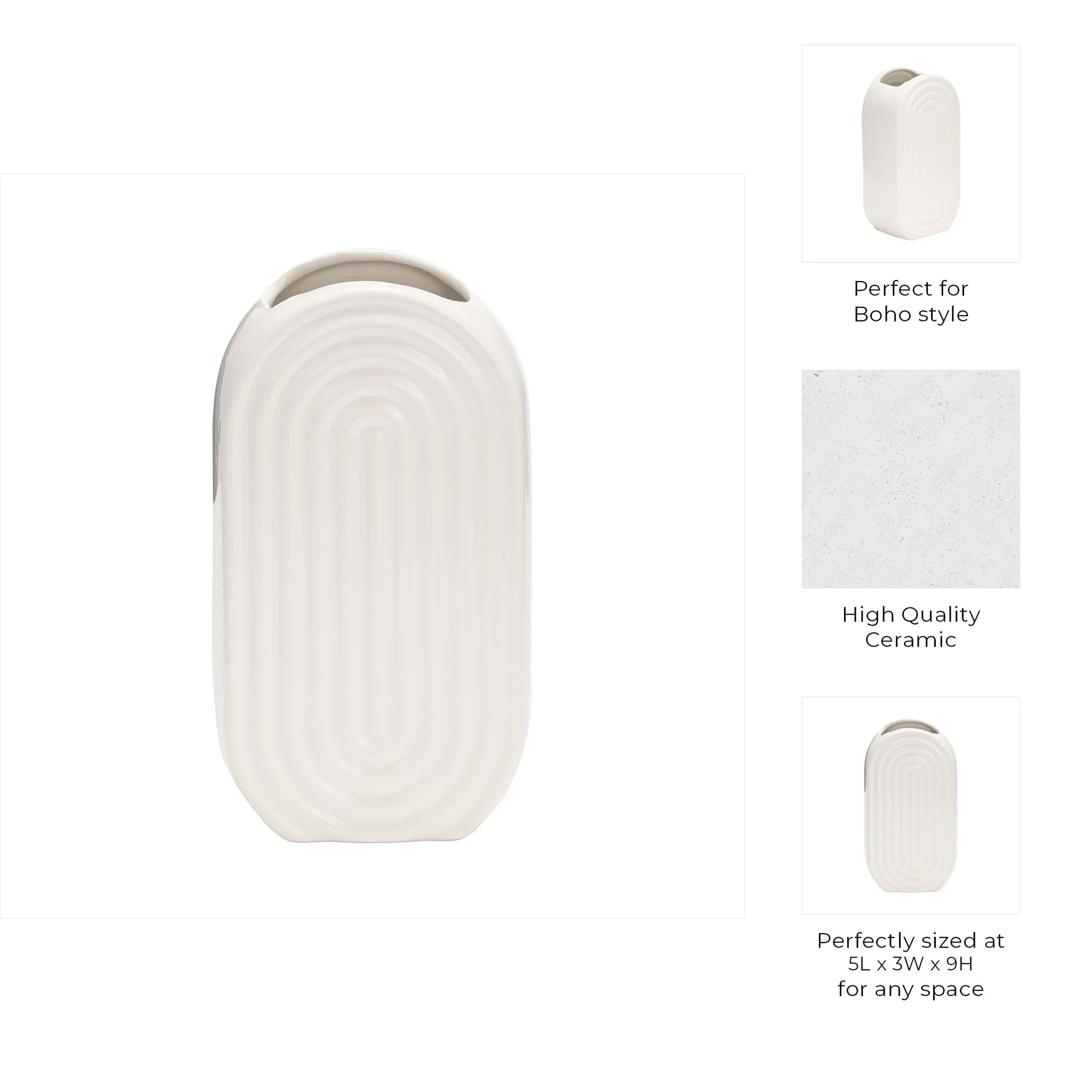 Cer, 9" Oval Ridged Vase, White - Image 9