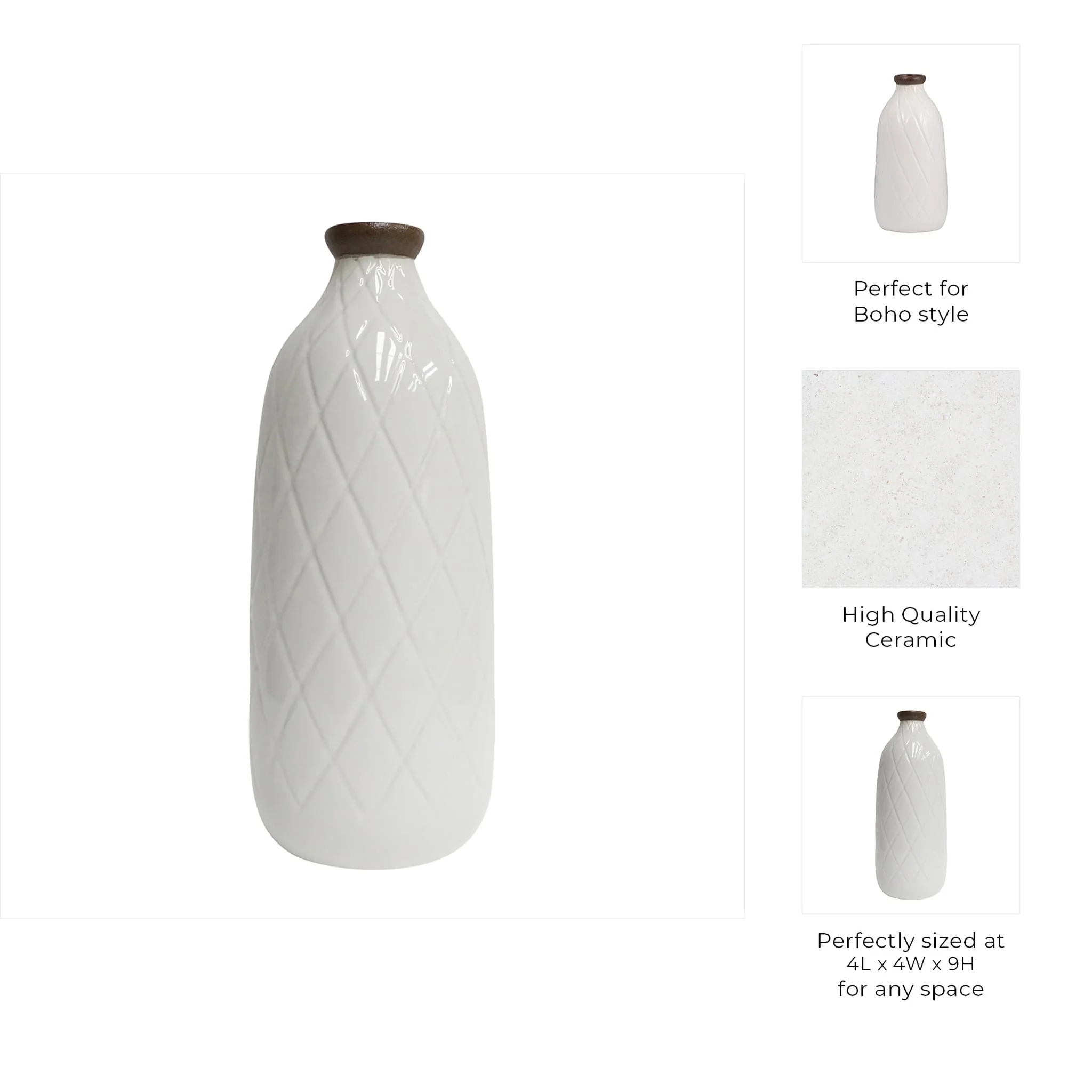 Cer, 9" Plaid Textured Vase, White - Image 10
