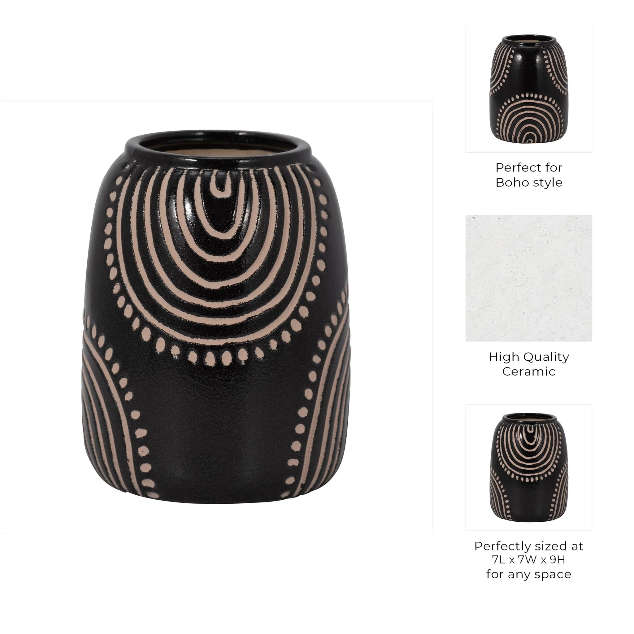 Cer, 9" Tribal Arch Vase, Black/tan - Image 8