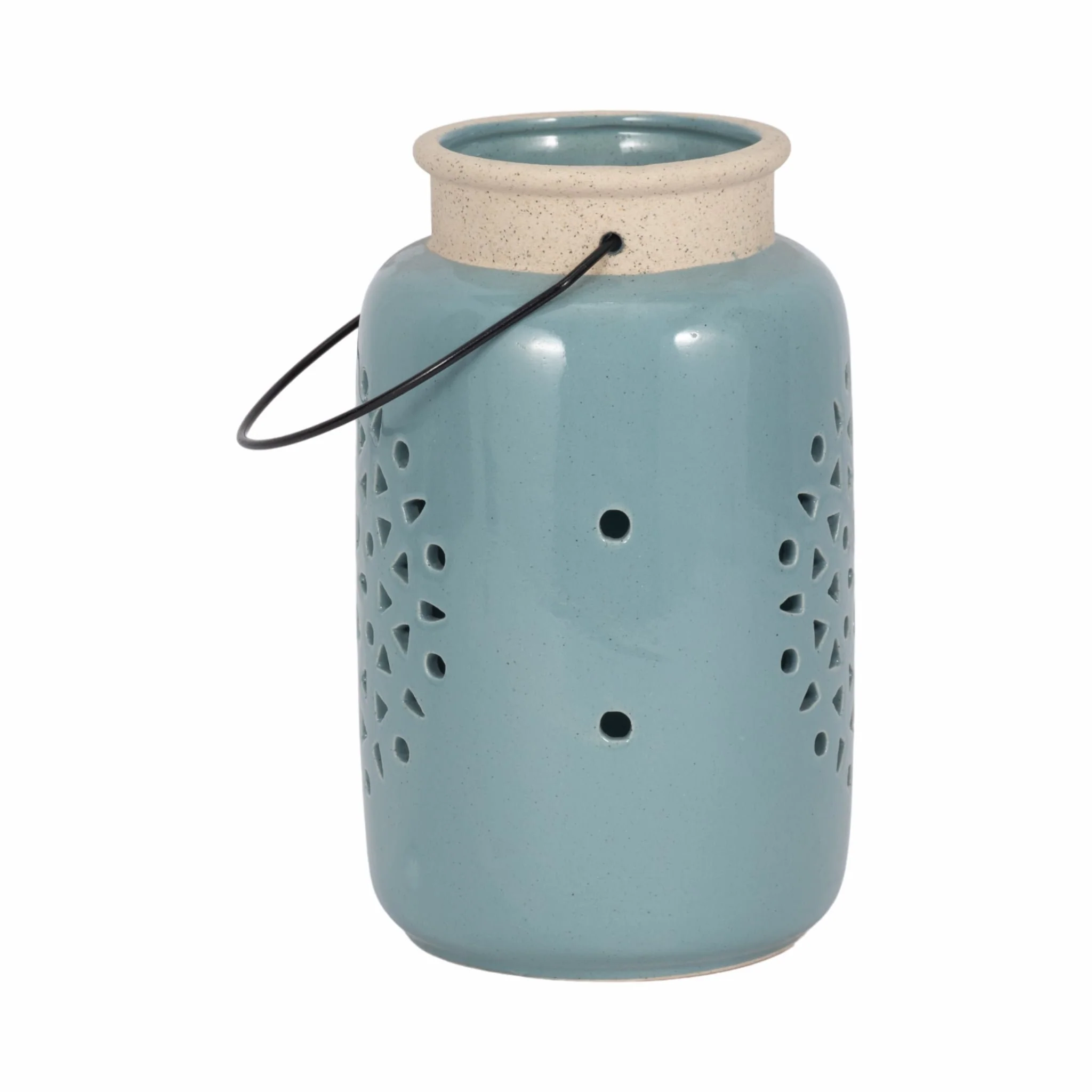 Cer, 9"h Flower Cut Out Lantern, Cameo Blue - Image 3