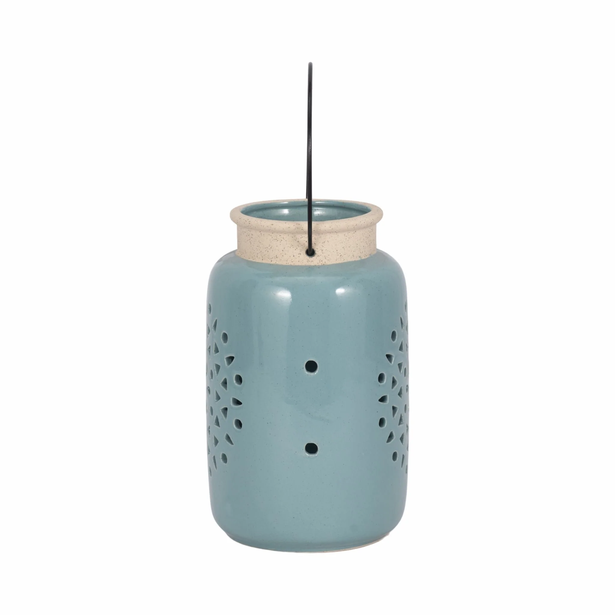 Cer, 9"h Flower Cut Out Lantern, Cameo Blue - Image 4
