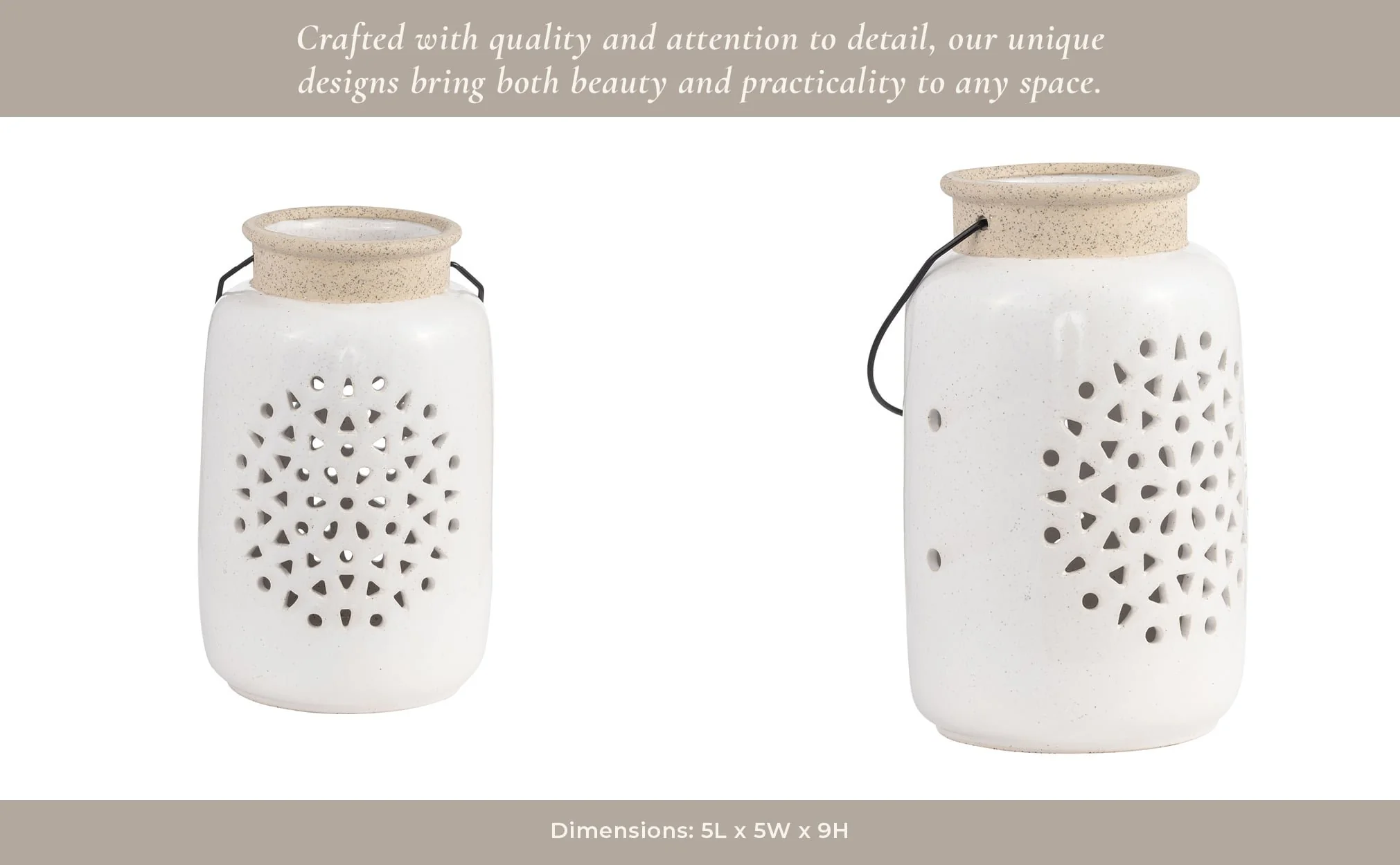 Cer, 9"h Flower Cut Out Lantern, Ivory - Image 11