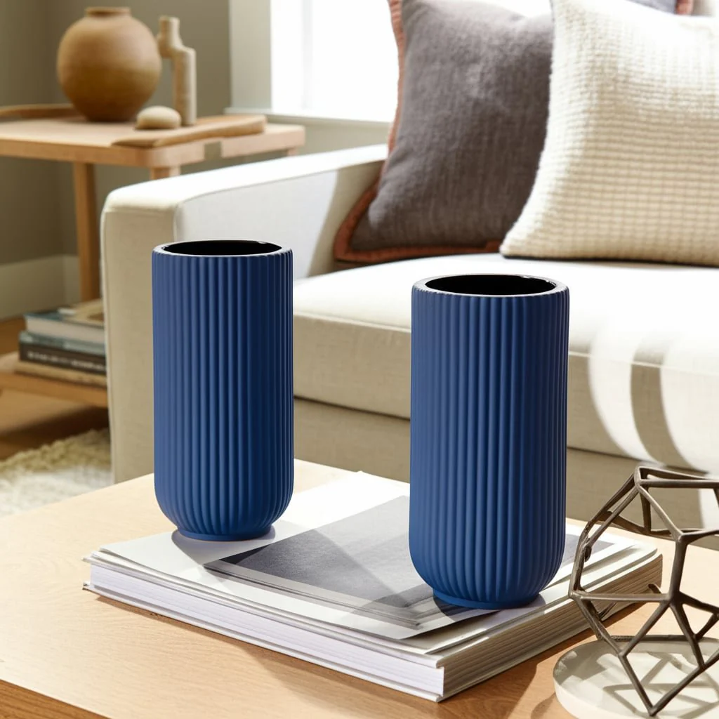 Cer, 9"h Ridged Vase, Navy - Image 11