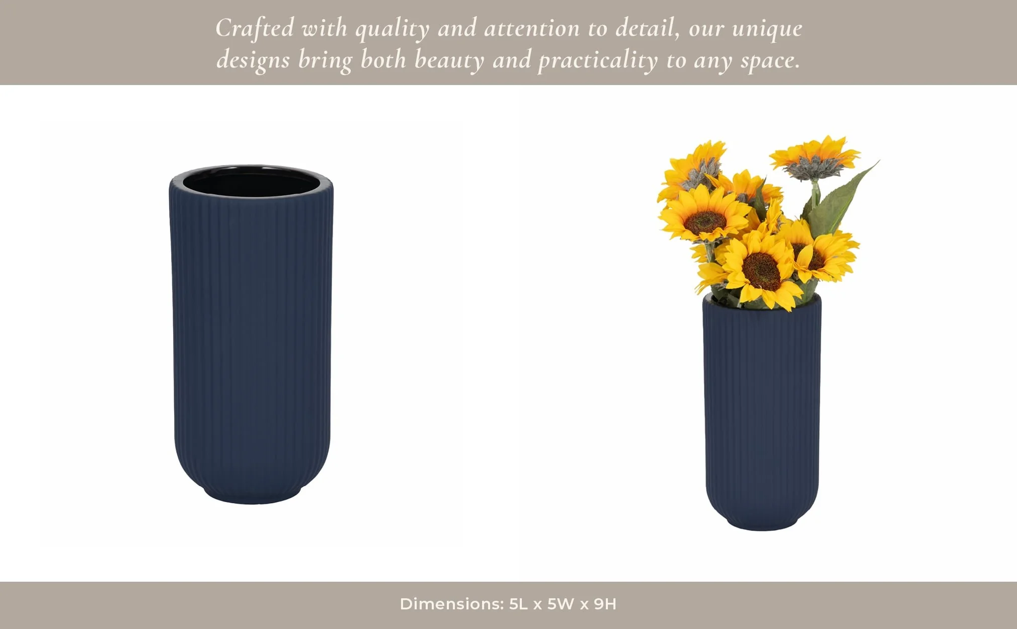 Cer, 9"h Ridged Vase, Navy - Image 13