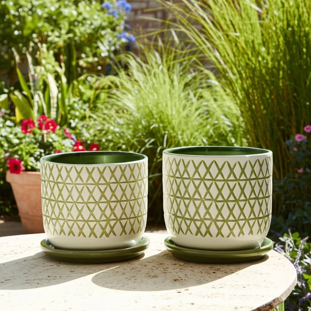 Cer,  S/2  5/6" X-planter W/ Saucer,  Olive - Image 9