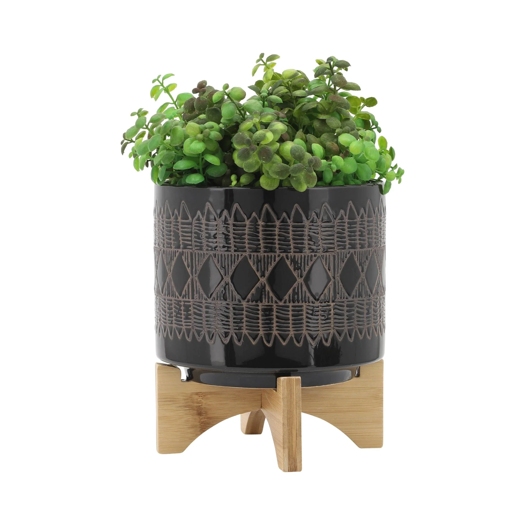 Cer, S/2 5/8" Aztec Planter On Wooden Stand, Black - Image 3