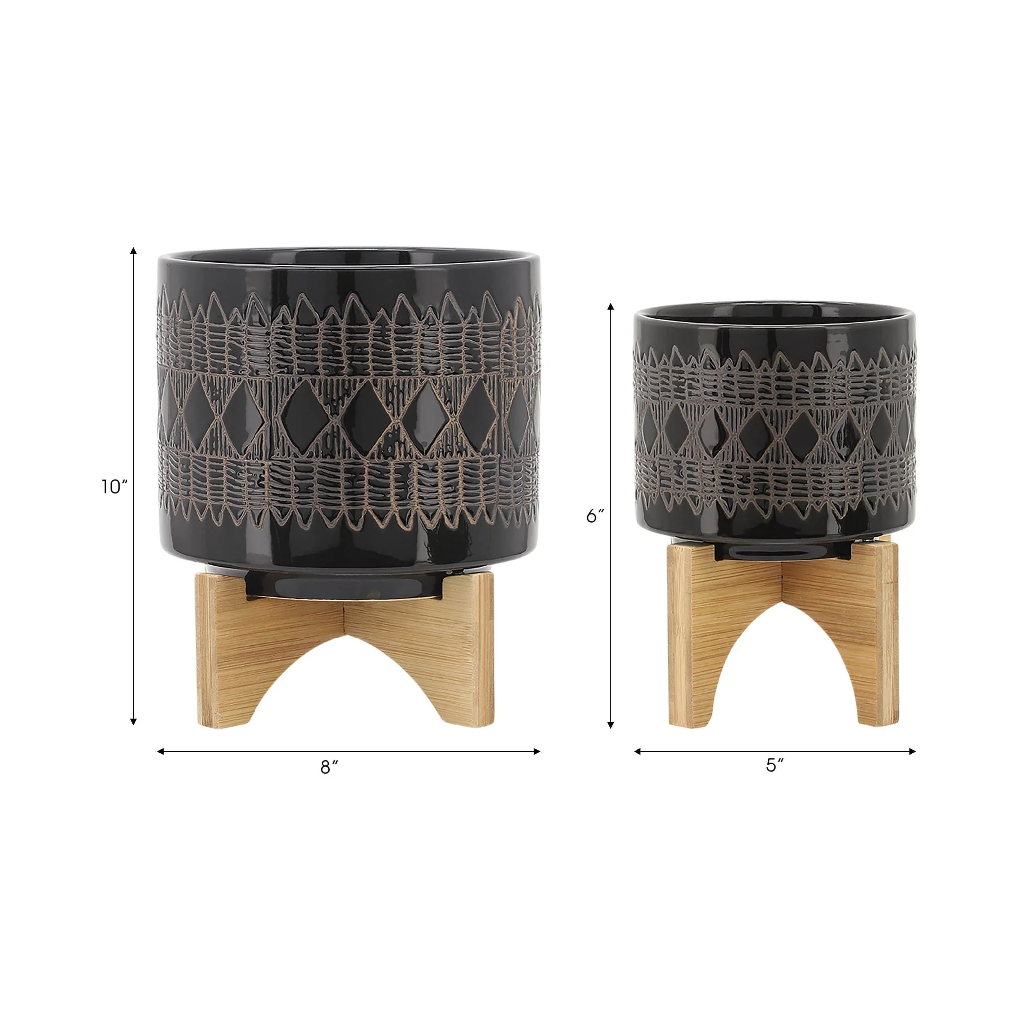 Cer, S/2 5/8" Aztec Planter On Wooden Stand, Black - Image 8
