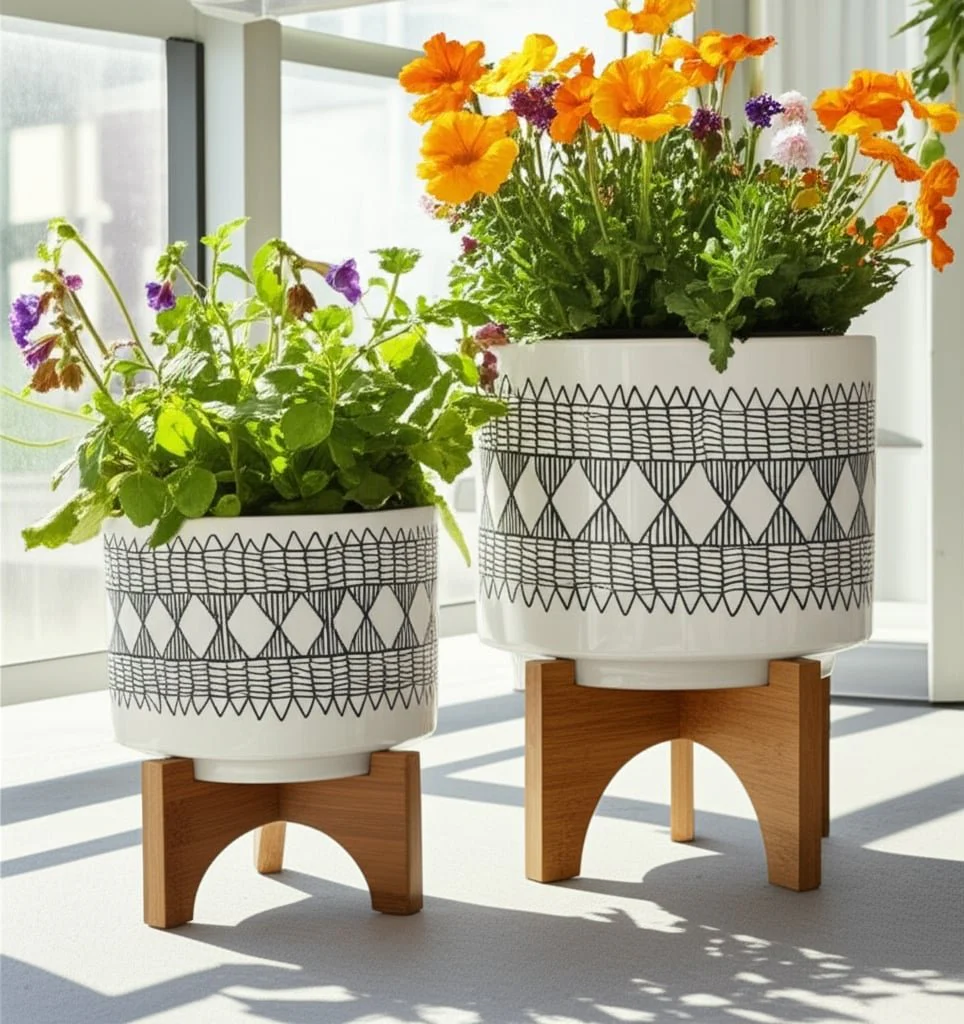 Cer, S/2 5/8" Aztec Planter On Wooden Stand, Gray - Image 11