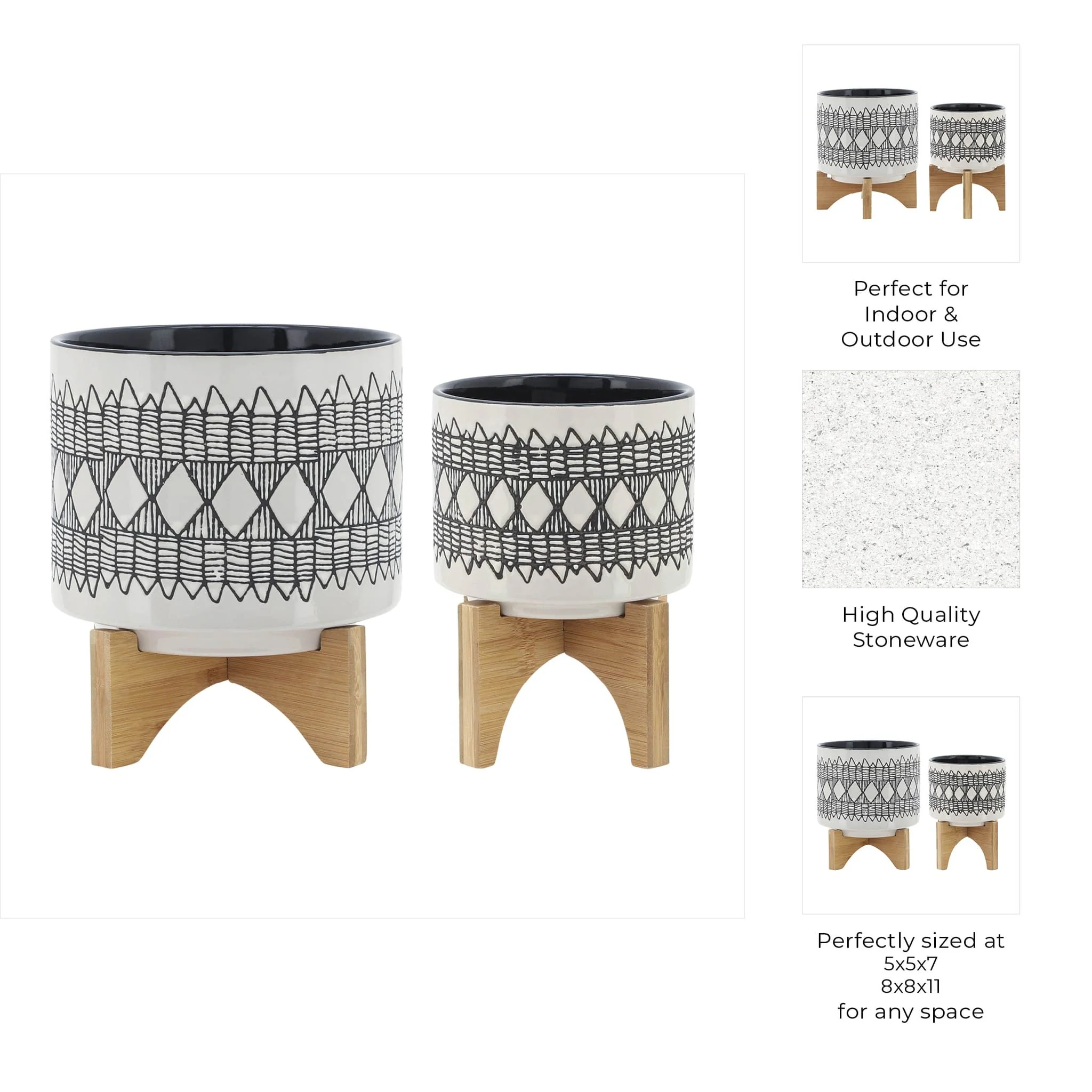 Cer, S/2 5/8" Aztec Planter On Wooden Stand, Gray - Image 9