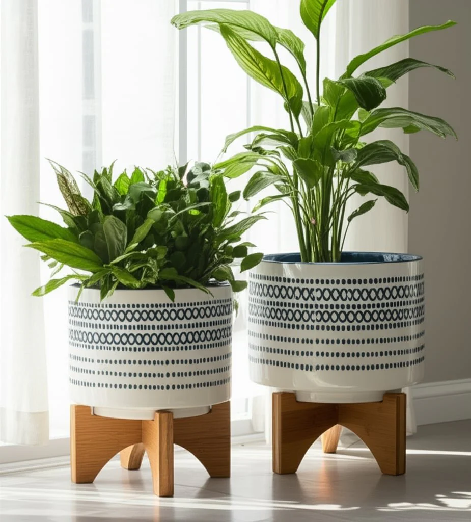 Cer, S/2 5/8" Planter On Standw/ Dots, Blue - Image 10