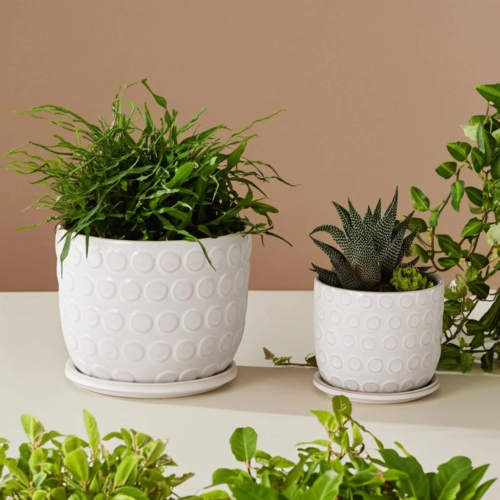 Cer, S/2 6/8"  Bubbles Planter W/ Saucer, Beige - Image 11