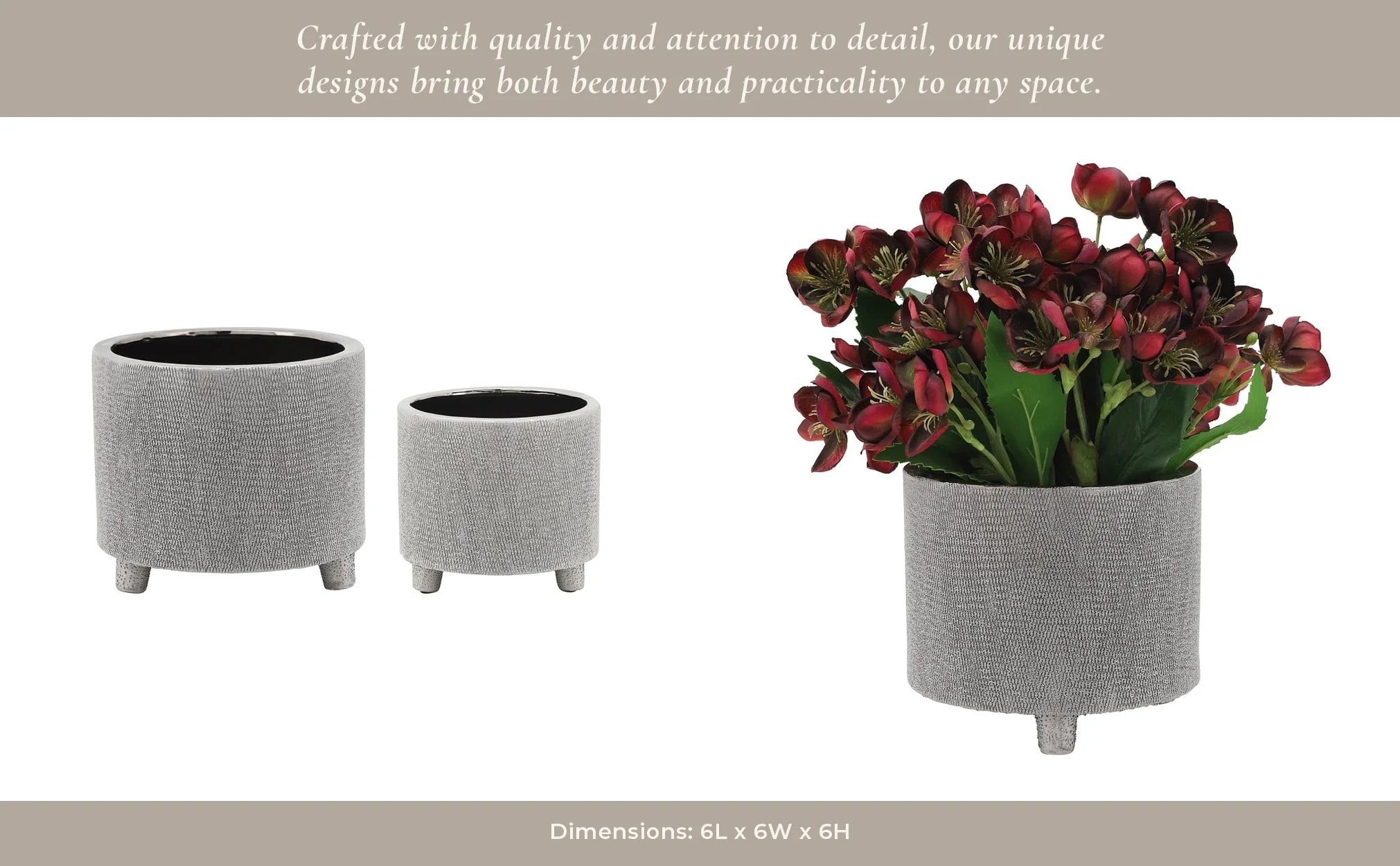 Cer, S/2 6/8" Footed Scratched Planters, Silver - Image 6