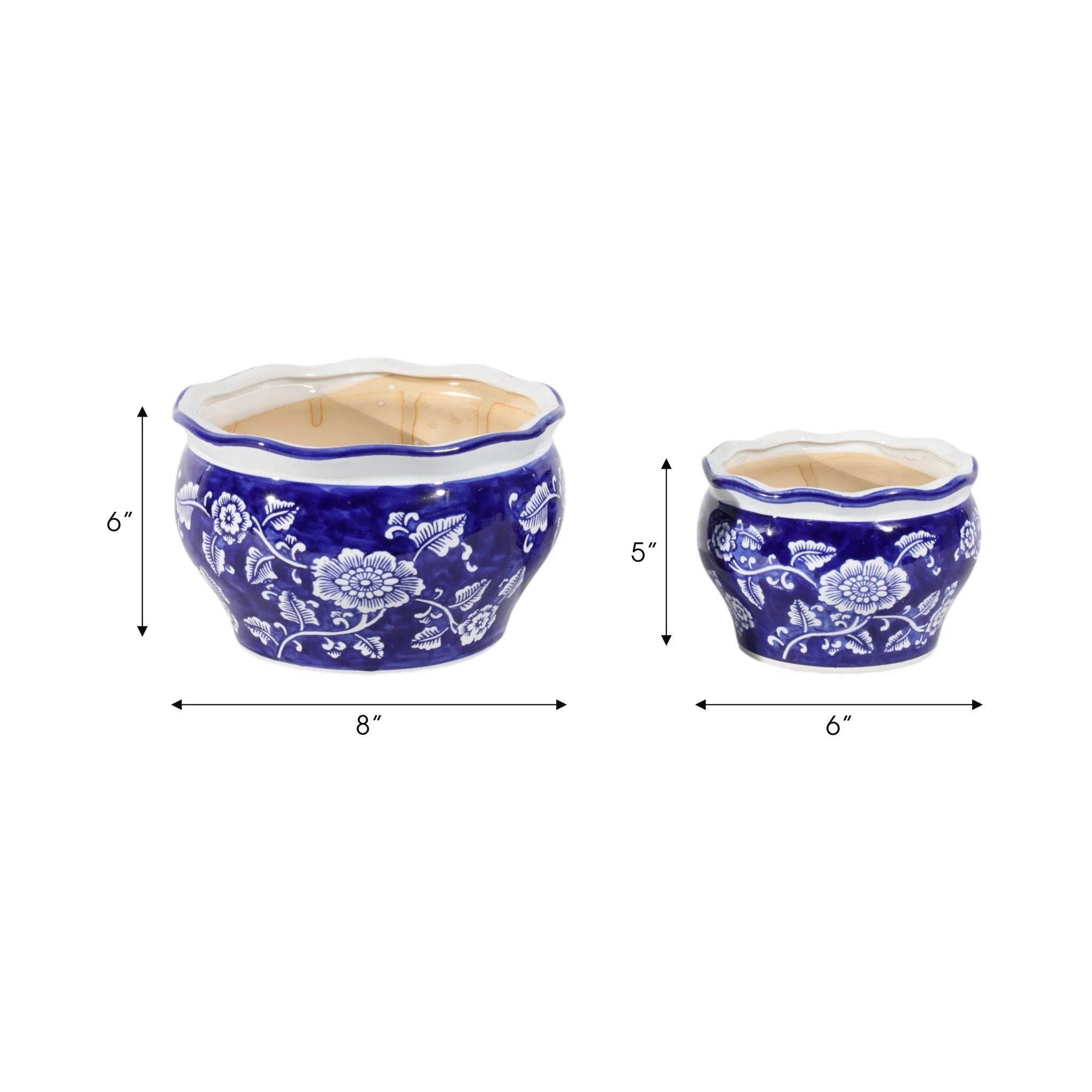 Cer, S/2 6/8" Round Chinoisere Planters, Blue/wht - Image 4