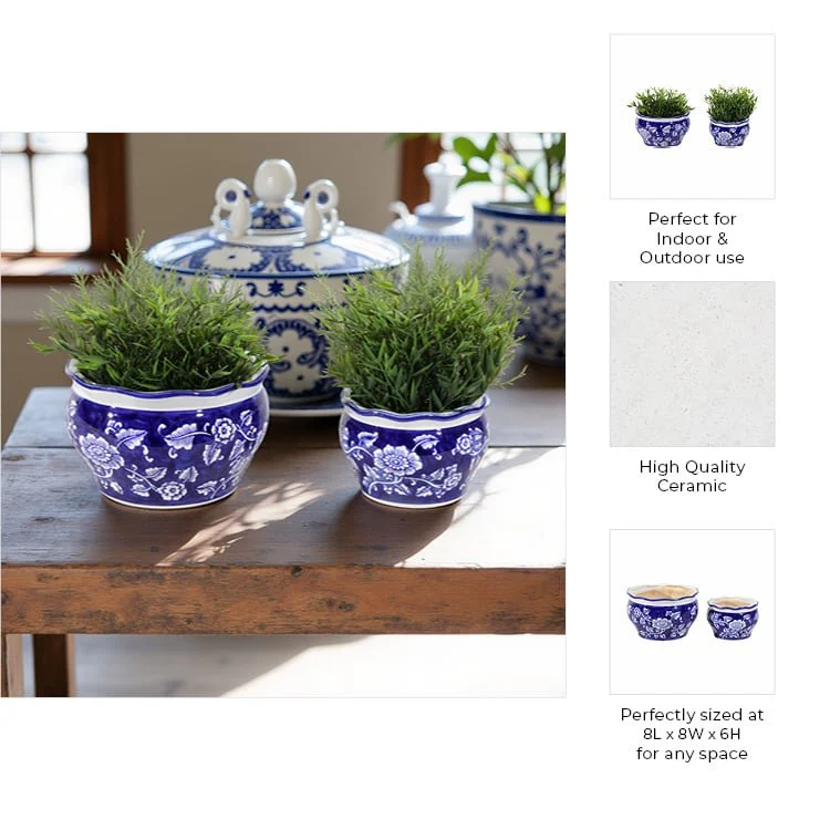 Cer, S/2 6/8" Round Chinoisere Planters, Blue/wht - Image 5