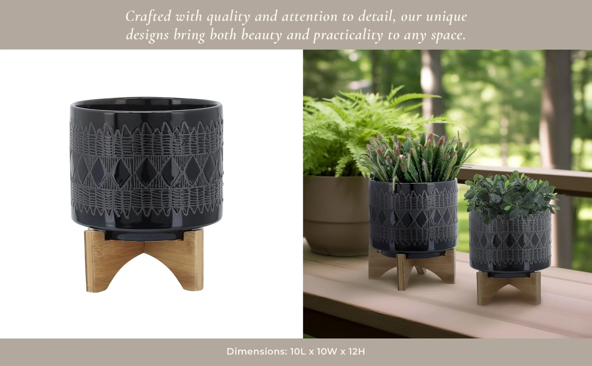 Cer, S/2 8/10" Aztec Planter On Wooden Stand,black - Image 11