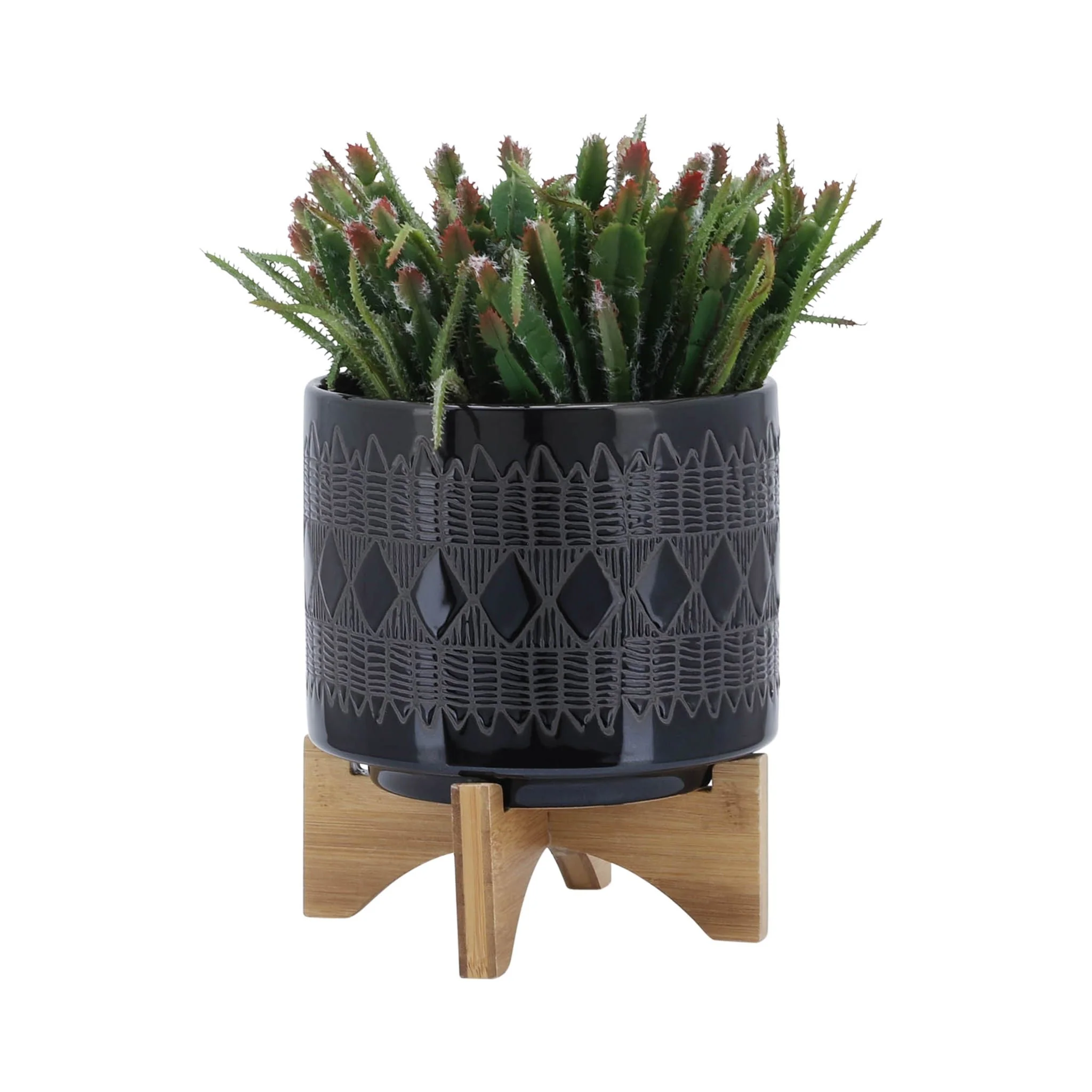 Cer, S/2 8/10" Aztec Planter On Wooden Stand,black - Image 3