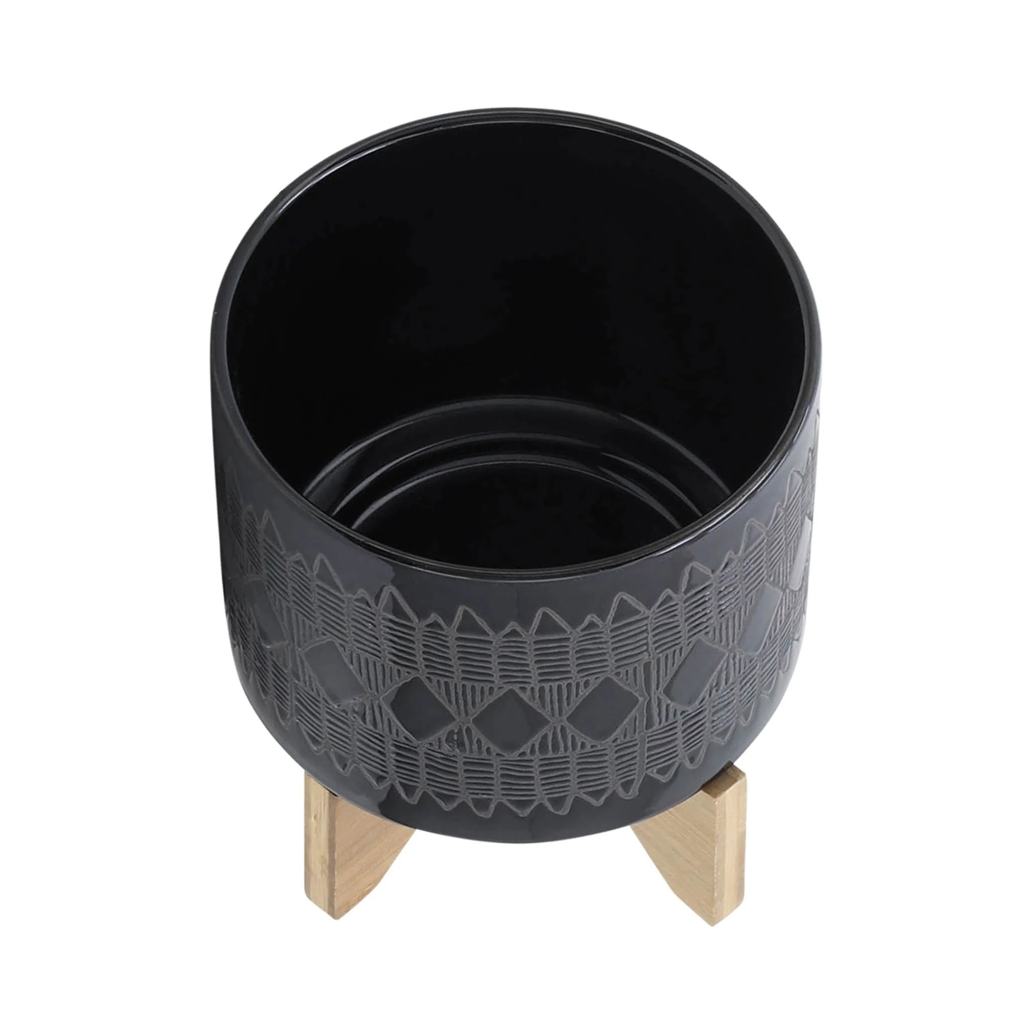 Cer, S/2 8/10" Aztec Planter On Wooden Stand,black - Image 4