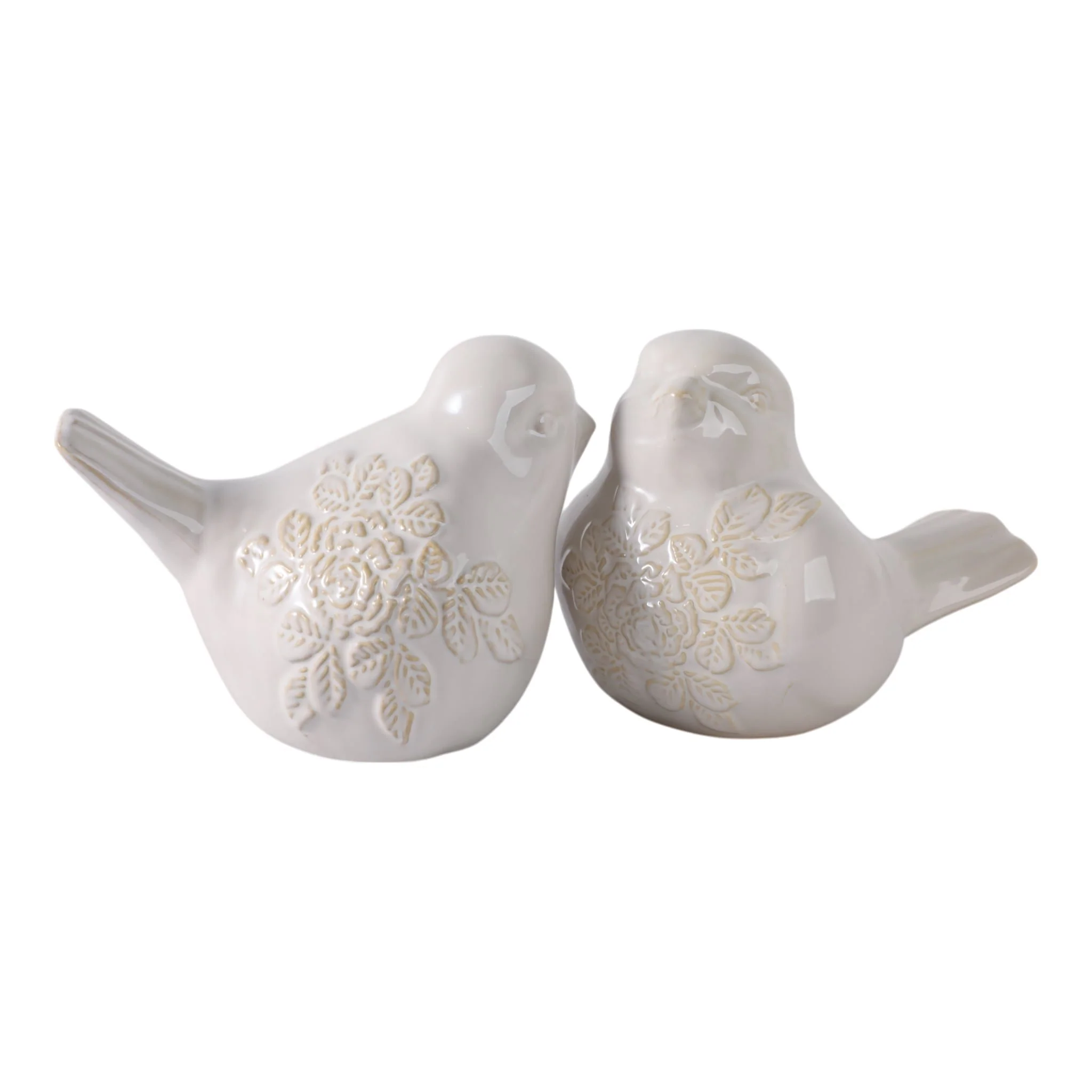 Cer, S/2, 8" Birds With Flower Decals, Ivory - Image 6