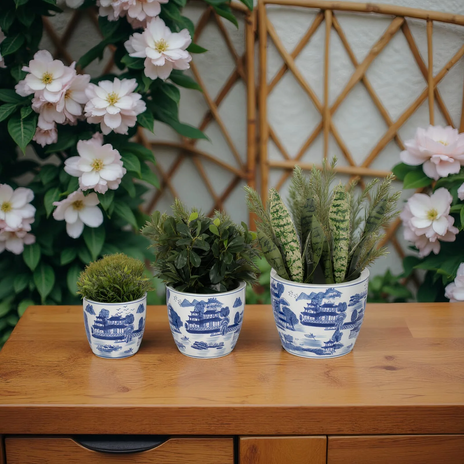 Cer, S/3 6/8/10" Chinoiserie Planters, Blue/white - Image 11