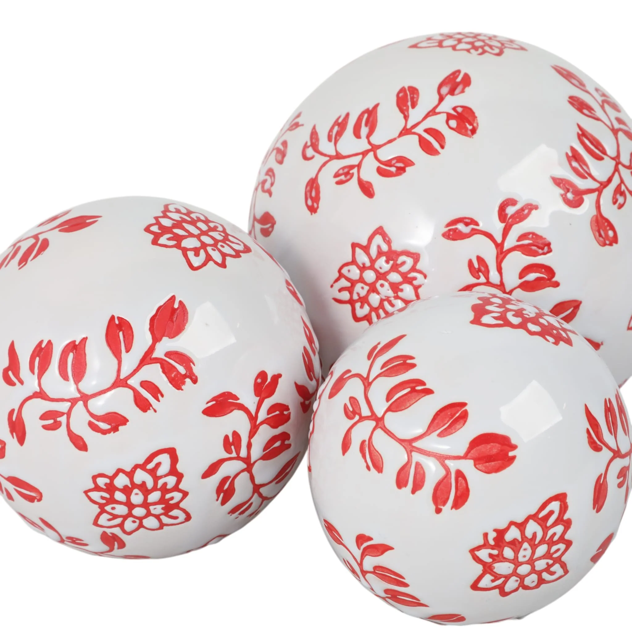 Cer, S/3 Fern Flower Orbs, 4/5/6" White/red - Image 5