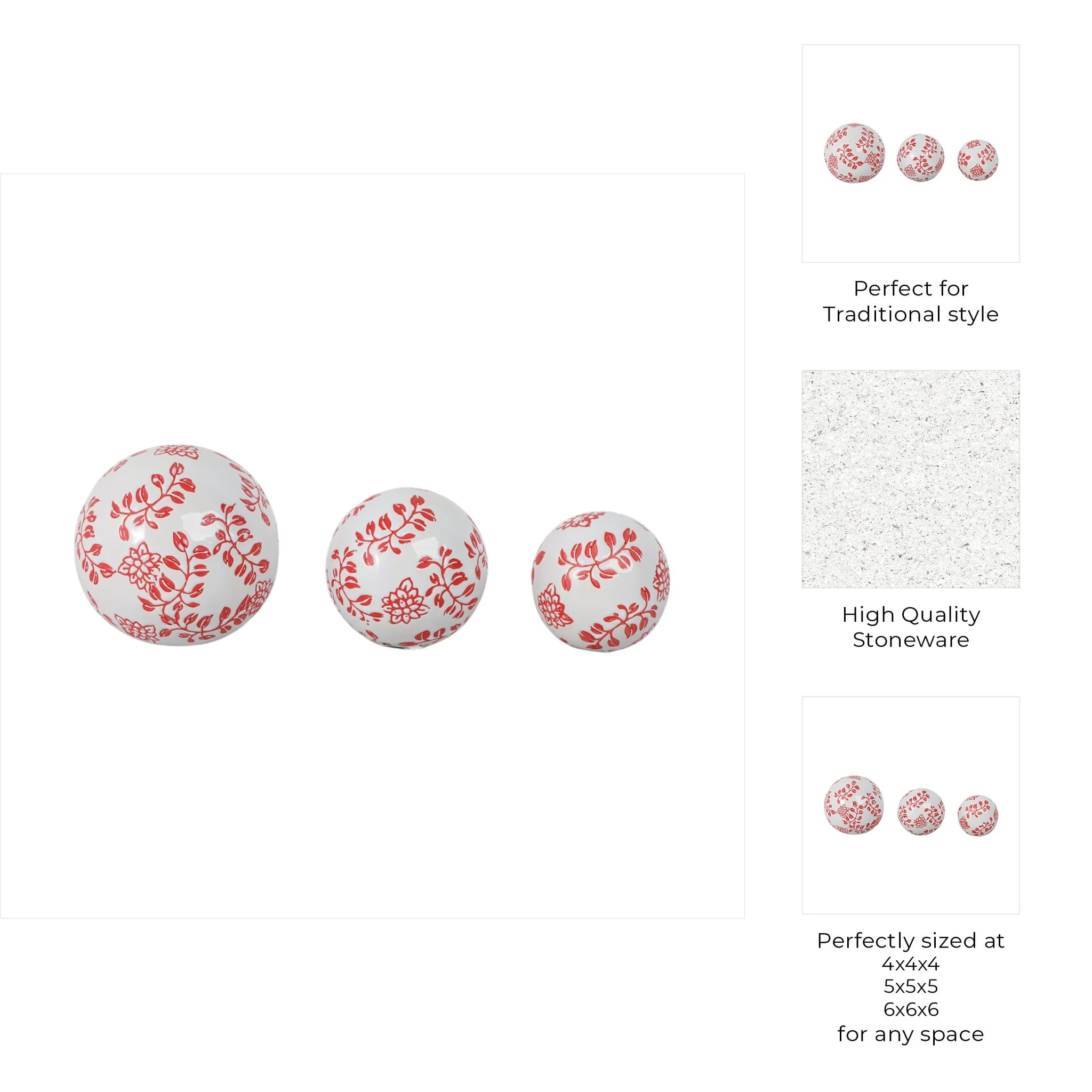 Cer, S/3 Fern Flower Orbs, 4/5/6" White/red - Image 9