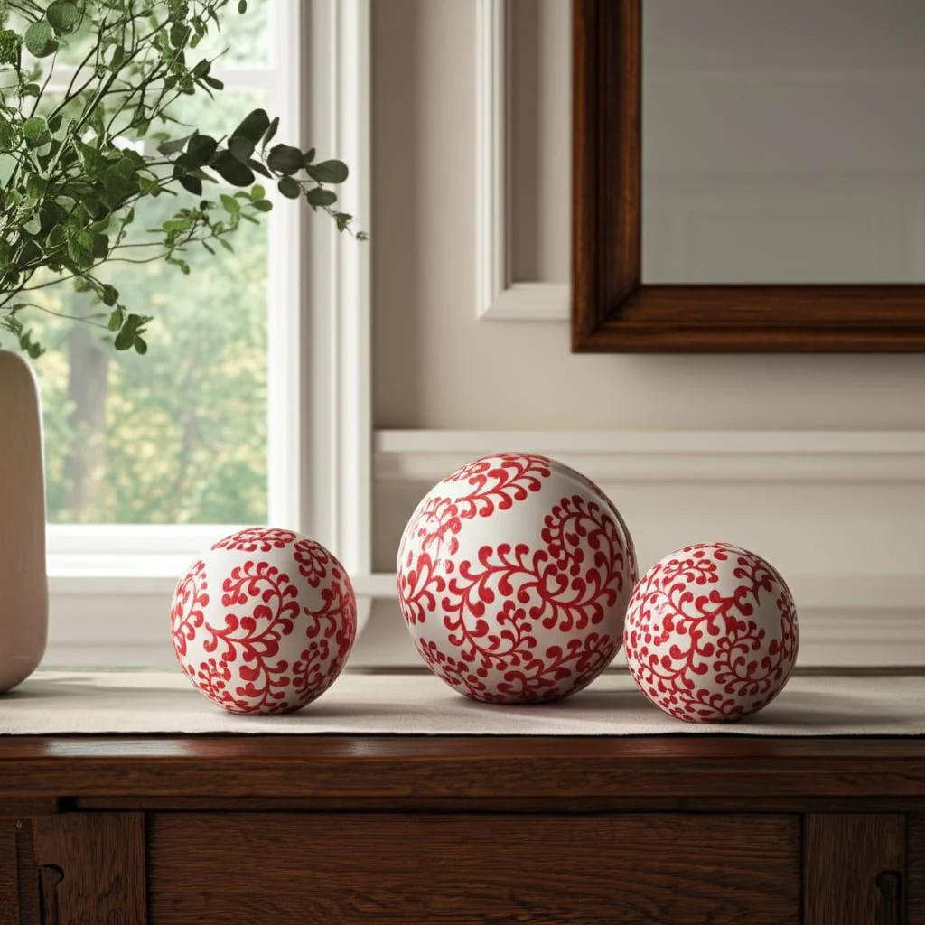 Cer, S/3 Fern Orbs, 4/5/6" White/red - Image 9