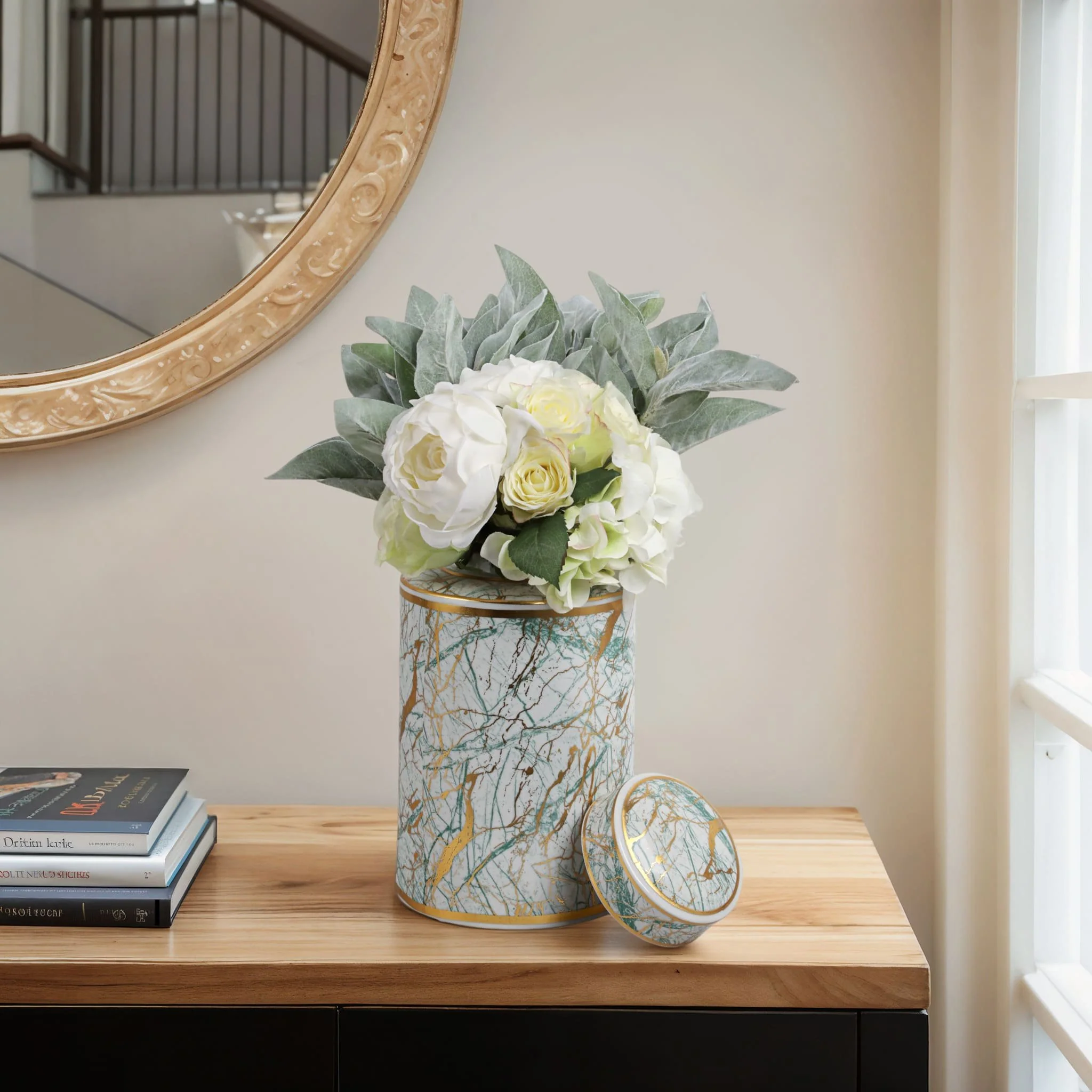 Ceramic 12" Jar With Gold Lid, Green - Image 9