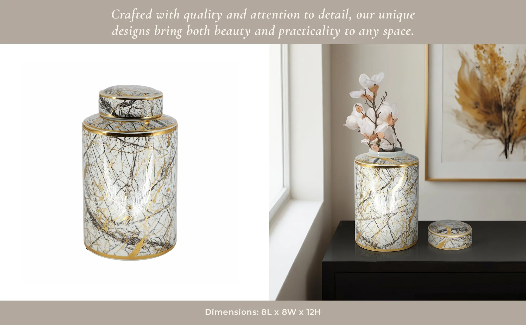 Ceramic 12" Jar With Gold Lid, White - Image 10