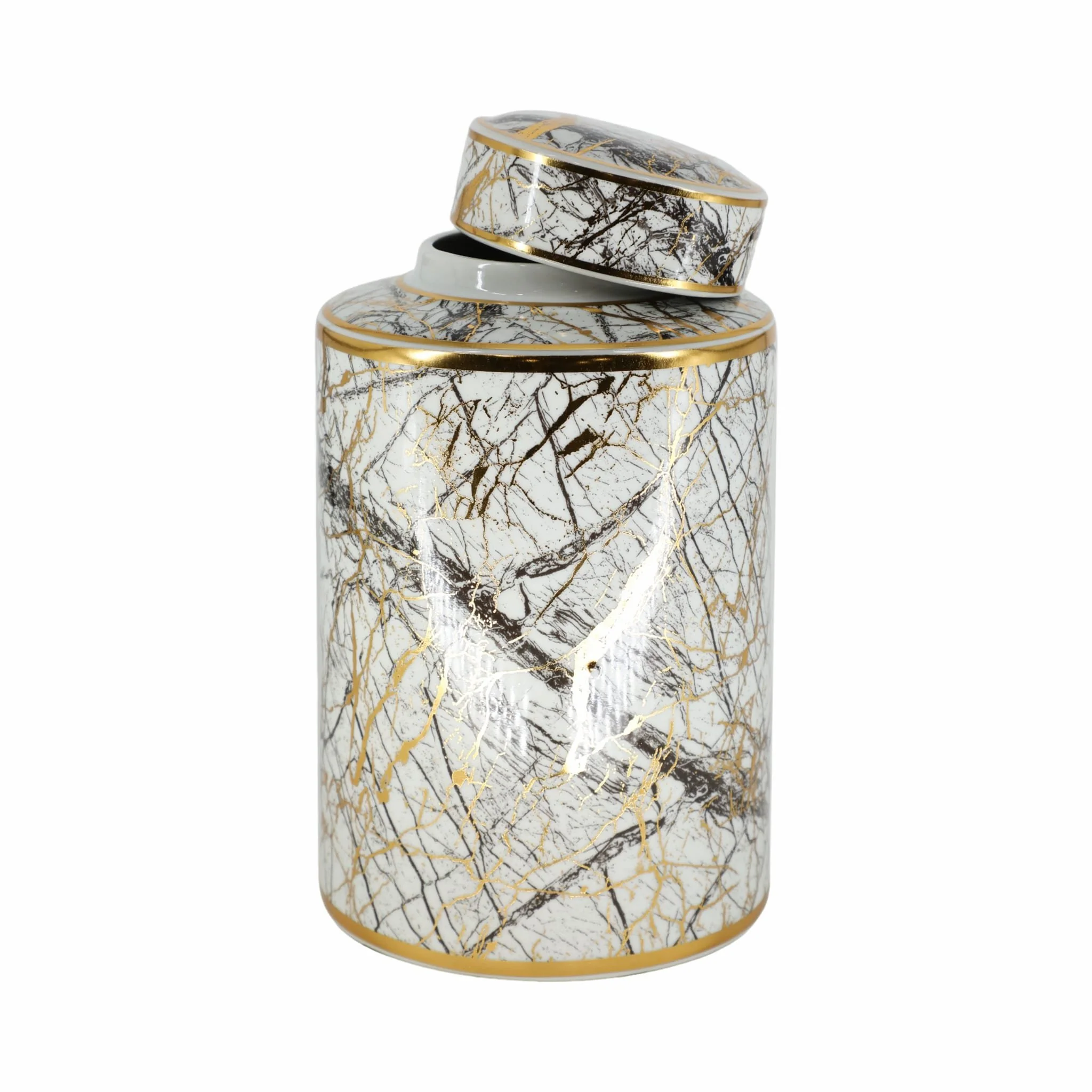 Ceramic 12" Jar With Gold Lid, White - Image 2