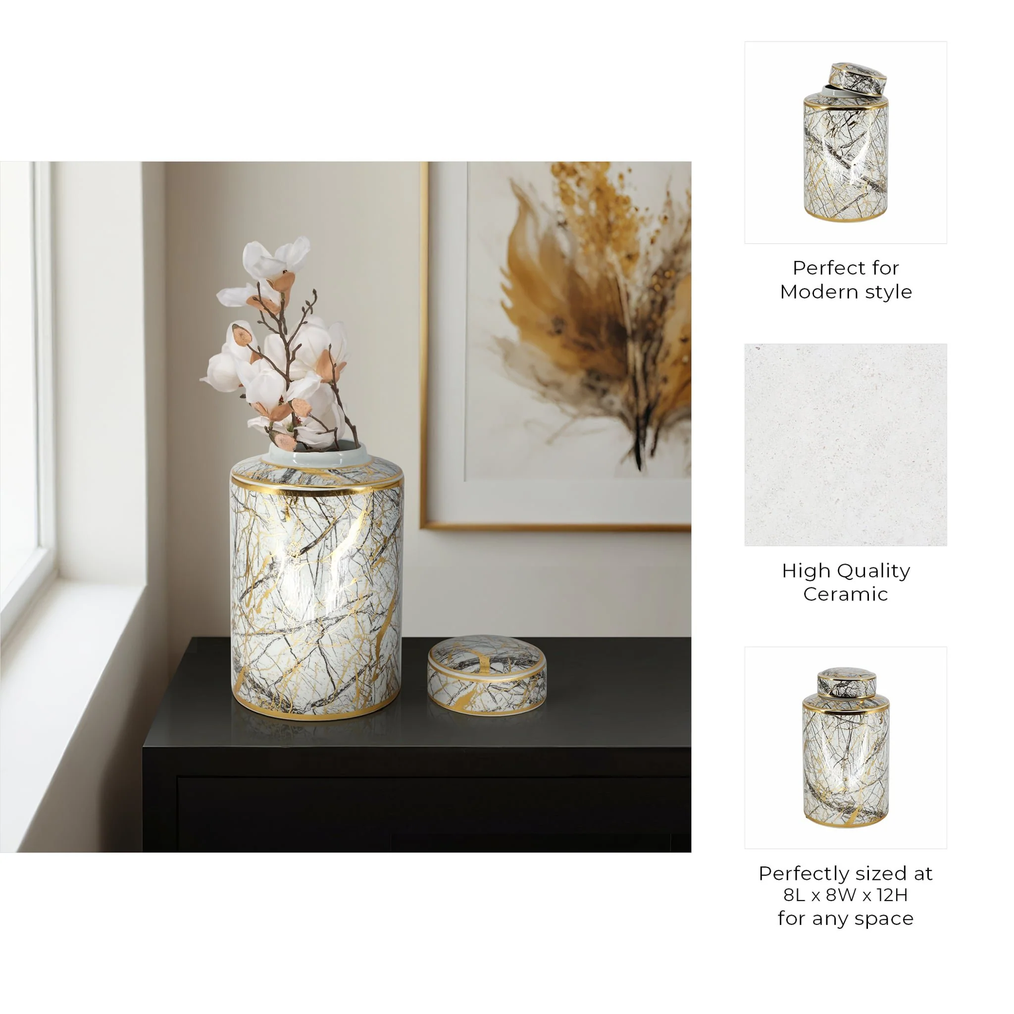 Ceramic 12" Jar With Gold Lid, White - Image 8