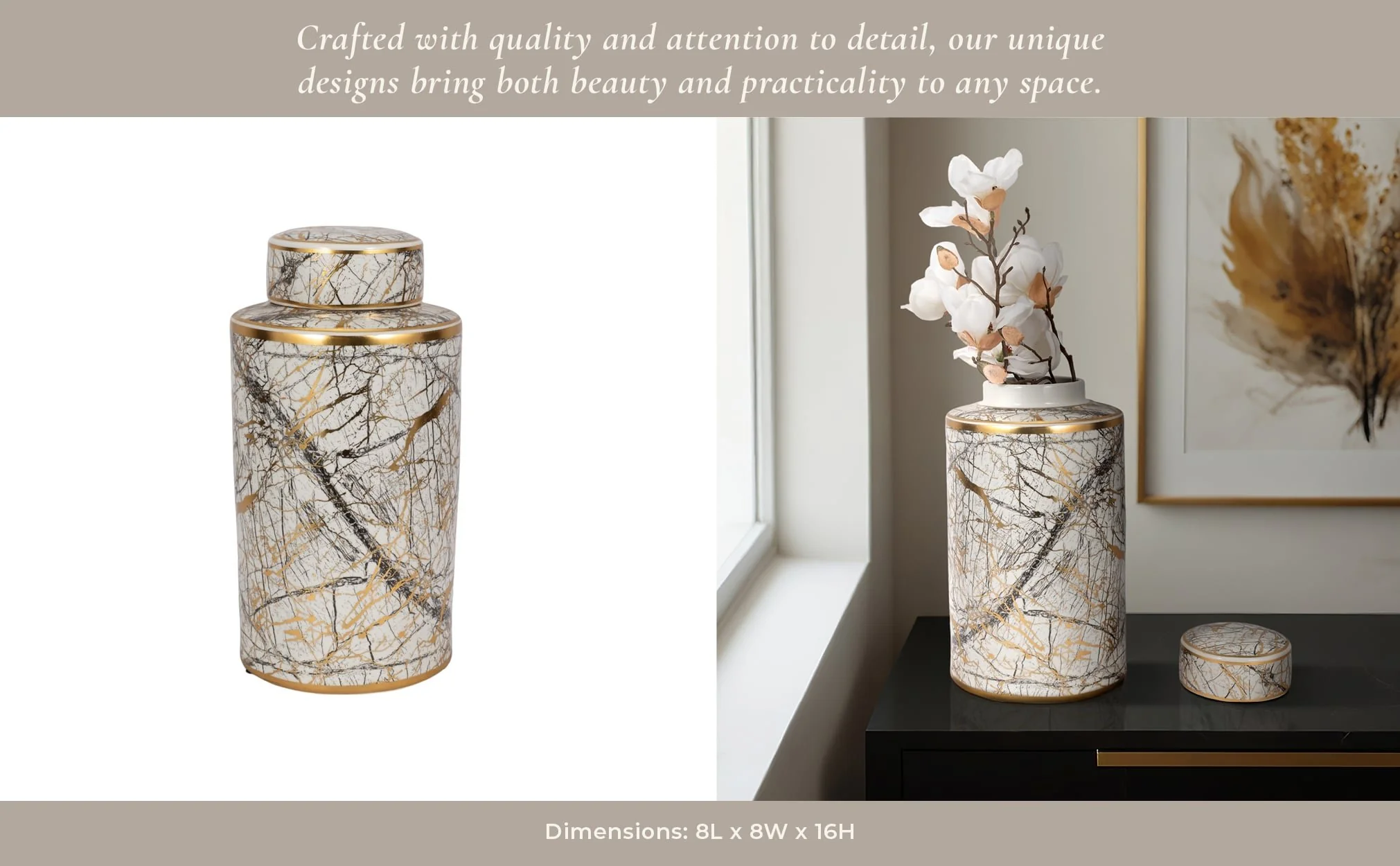 Ceramic 16" Jar With Gold Lid, White - Image 11