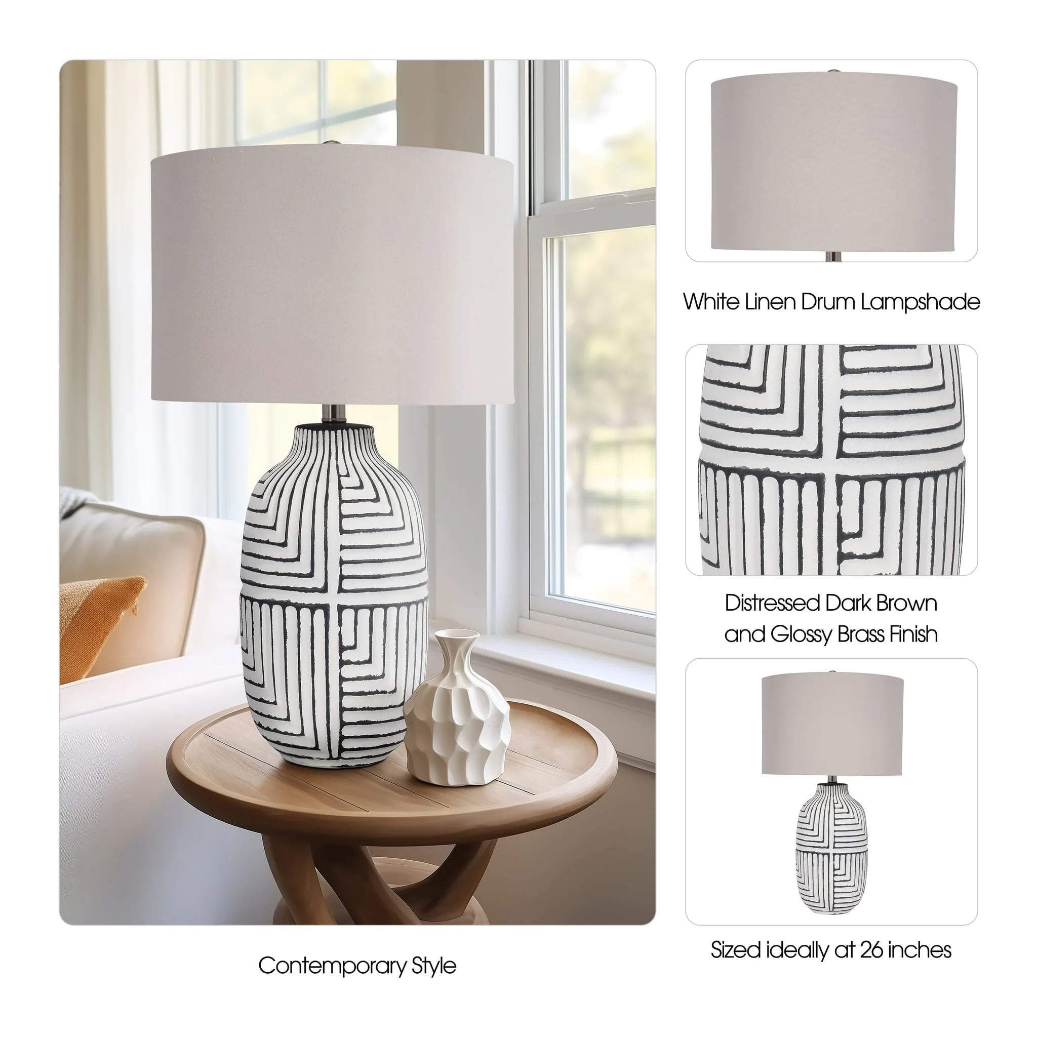 Ceramic, 26" Tribal Textured Table Lamp, White - Image 10