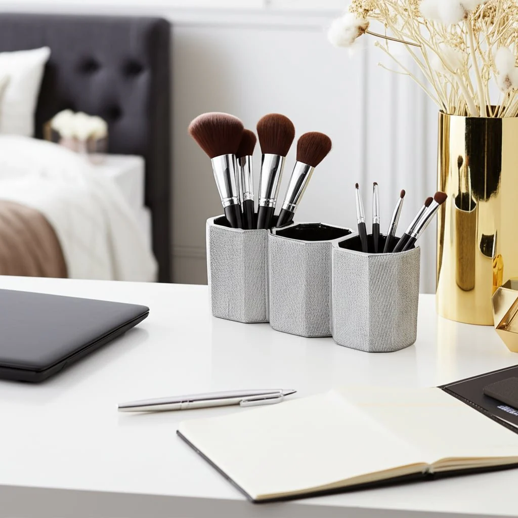 Ceramic 4" 3-cup Pencil Holder, Silver - Image 10