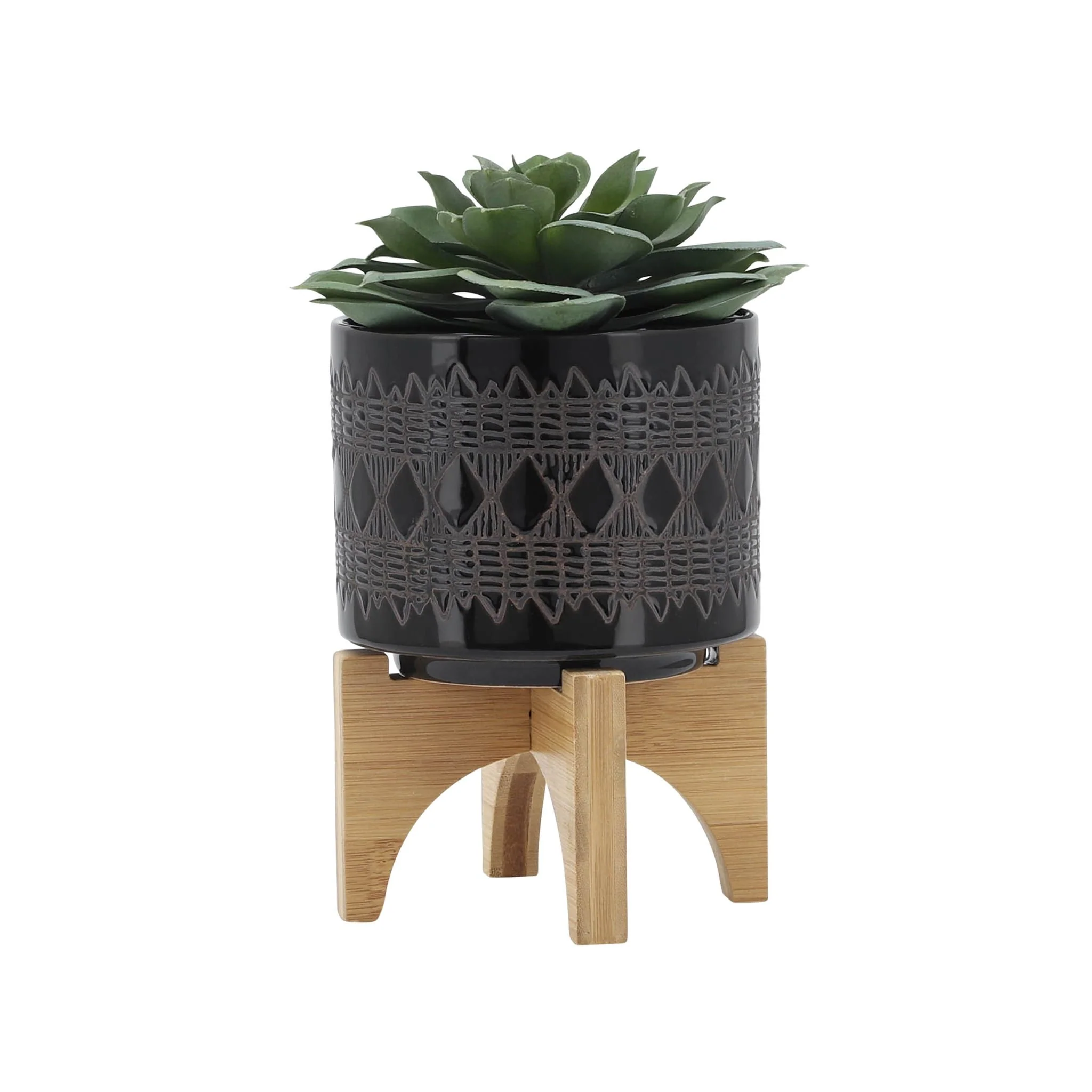 Ceramic 5" Aztec Planter On Wooden Stand, Black - Image 3