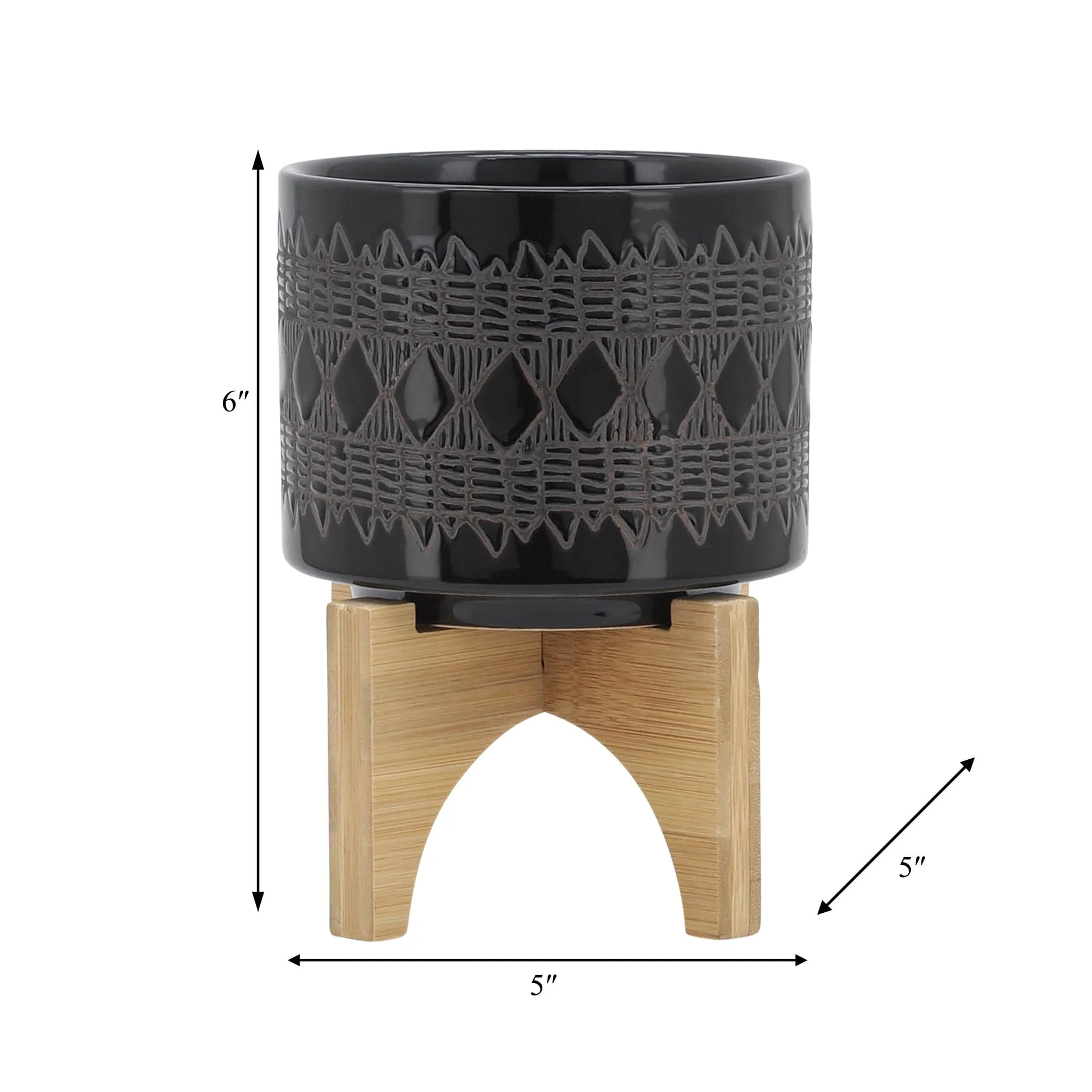 Ceramic 5" Aztec Planter On Wooden Stand, Black - Image 9